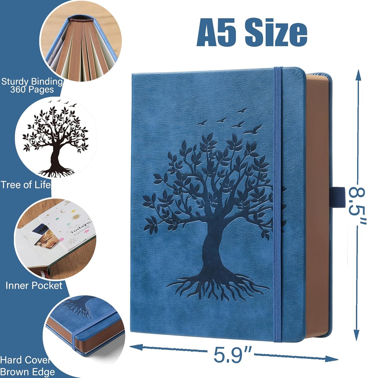 ZXHQ A5 360 Pages Lined Journaling Notebooks with Pen, Journals for Women Men Writing Notebook, Tree of Life Design, Brown Edge Fine Inner Pocket - Blue