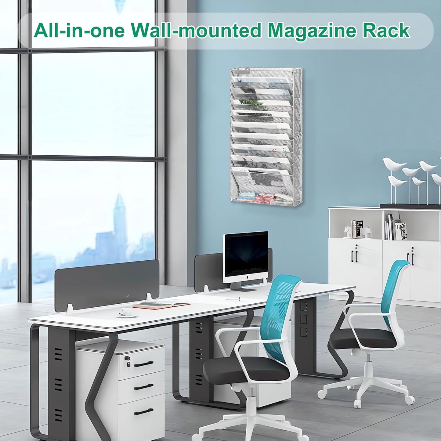 10-Tier Wall File Organizer, Hanging Mail Organizer Wall Mounted Paper Document Holder, Metal Clipboard Storage Basket for Office Home School Organization, Silver