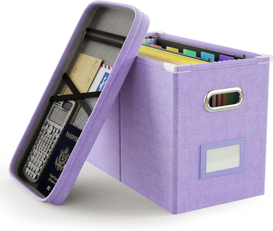 Oterri File Organizer Box with Lid, Hanging Filing File Box with Mesh Pocket, Document Organizer Box for Letter Files, Portable Storage Box with Smooth Sliding Rail for Office&Home (1 PCS, Lavender)
