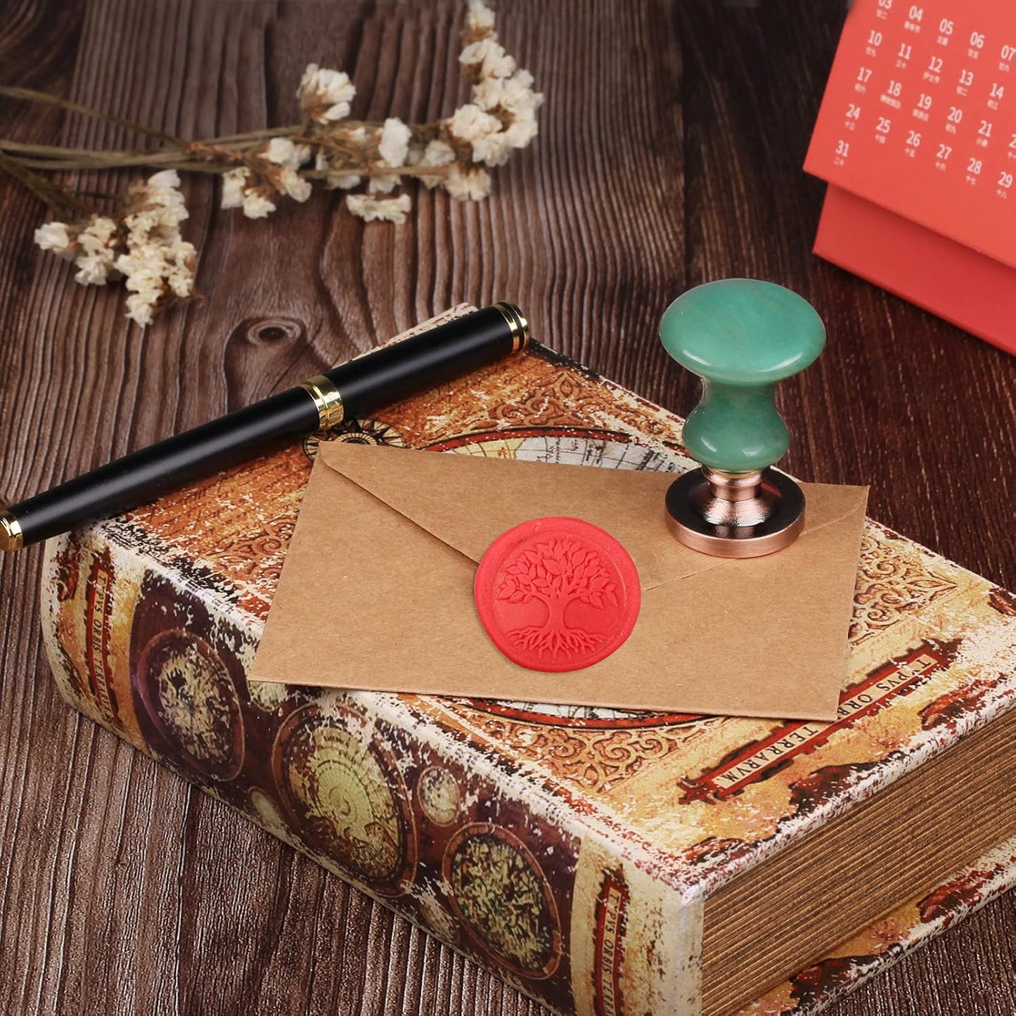 rockcloud Wax Seal Stamp Set, 4 Pieces Sealing Wax Stamps Copper Seals with 1 Green Aventurine Seal Handle for Cards Envelopes Invitation Decoration, Tree of Life