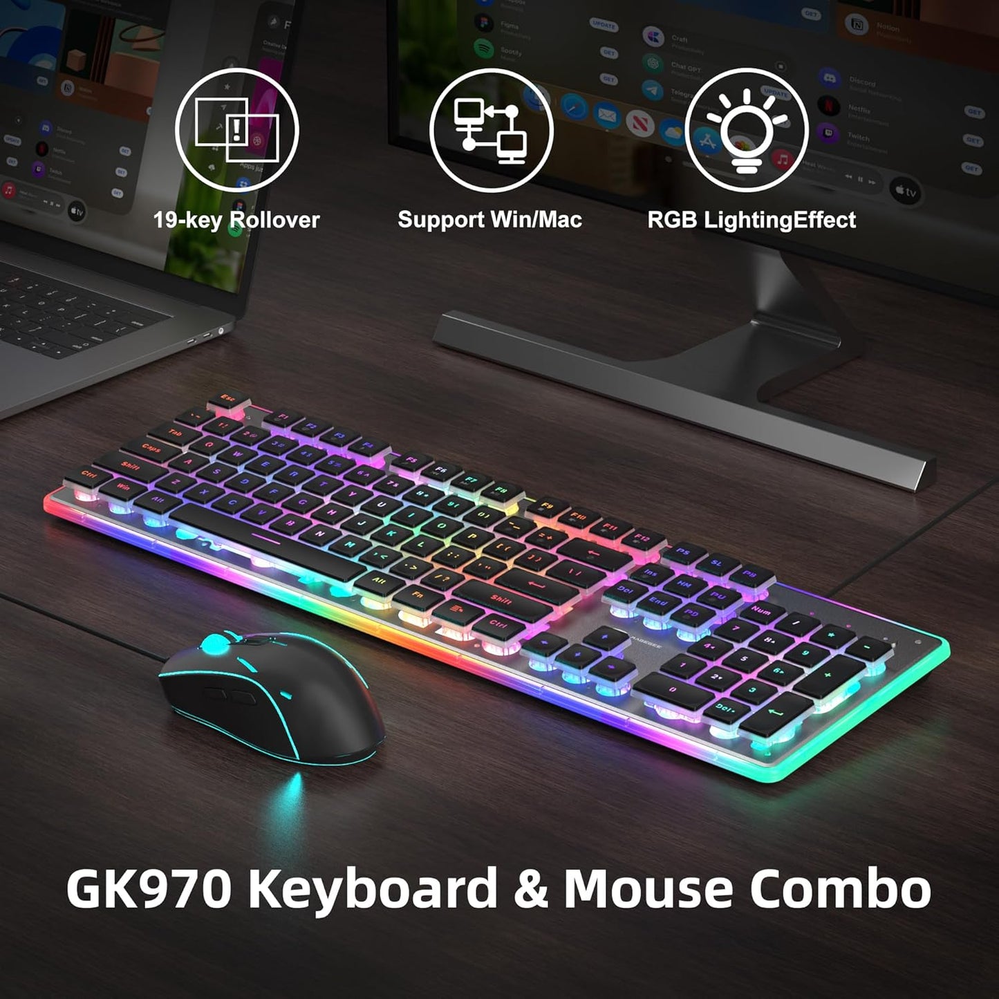 Camiysn Gaming Creamy Keyboard and Mouse, Black 104 Keys RGB and 6 Speed RGB Mouse Combo, Pudding Keycaps Silent Computer Keyboard for Computer/PC/Laptop/Mac/Windows/Office