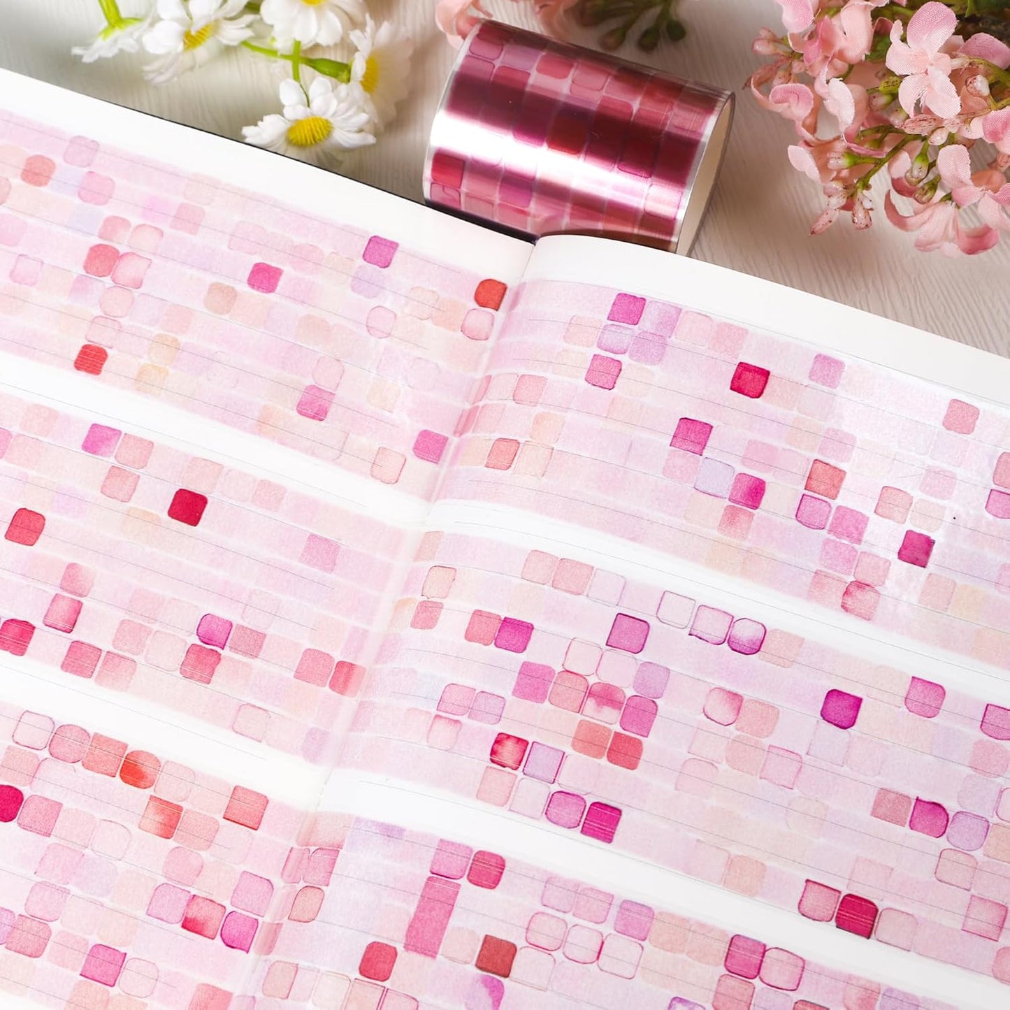 PET Tape for Journal Scrapbooking - Pink Mosaic Junk Journal PET Tape Scrapbook Supplies, Scrapbook Notebook Bottle Crafts Decor