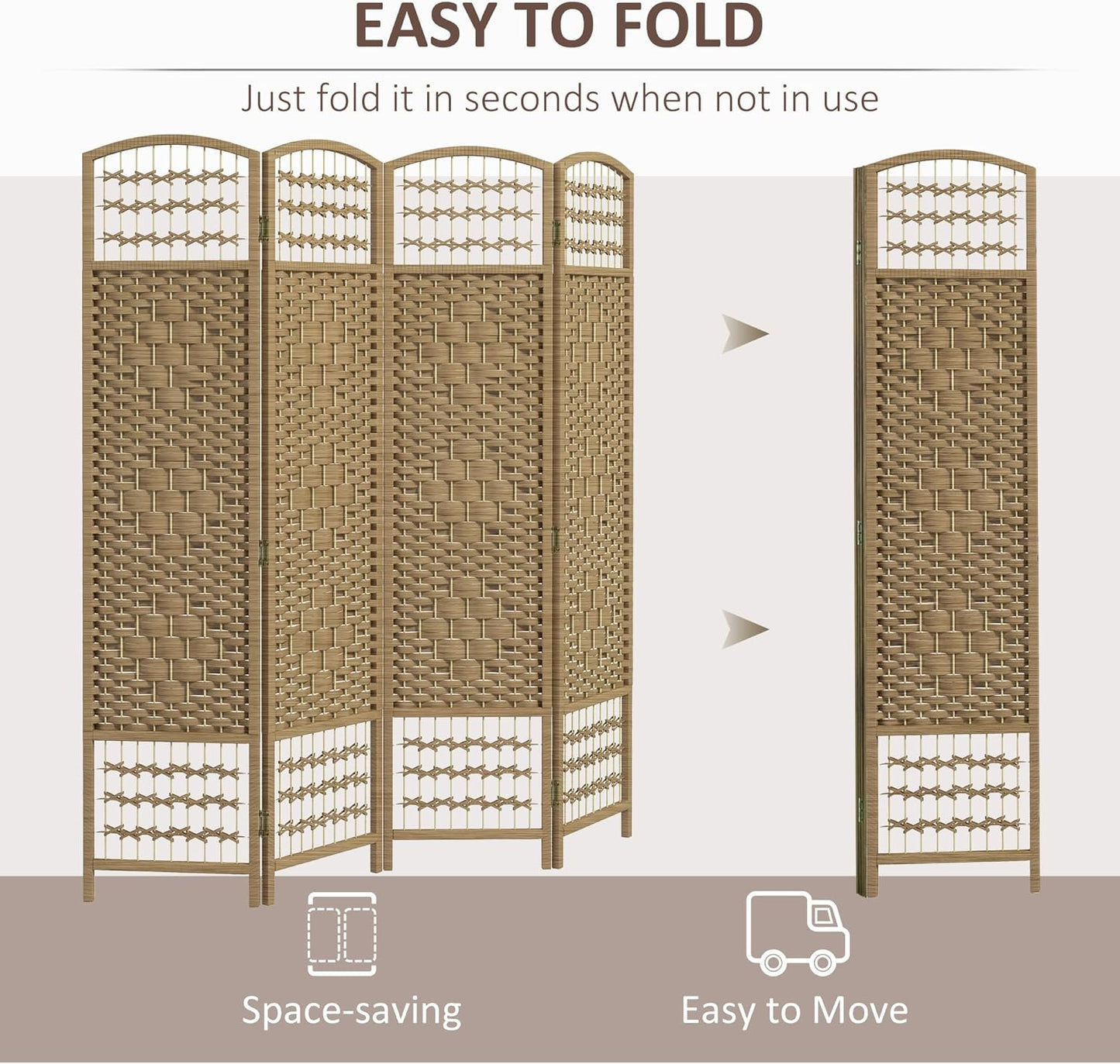 HOMCOM 4 Panel Room Divider, Folding Privacy Screen, 5.6' Room Separator, Wave Fiber Freestanding Partition Wall Divider, Natural