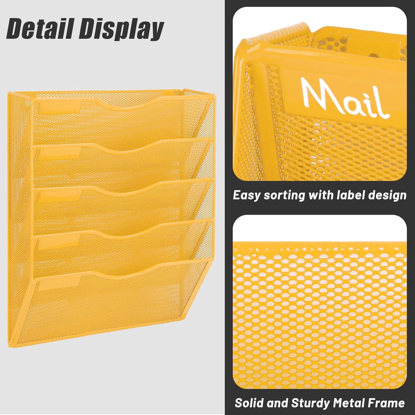 EASEPRES 5 Pocket Mesh Hanging Wall File Organizer, Wall Mounted Mail Paper Document Folder Holder, Clipboard Storage Organization Magazine Rack with Nametag Label for Office Home School, Yellow