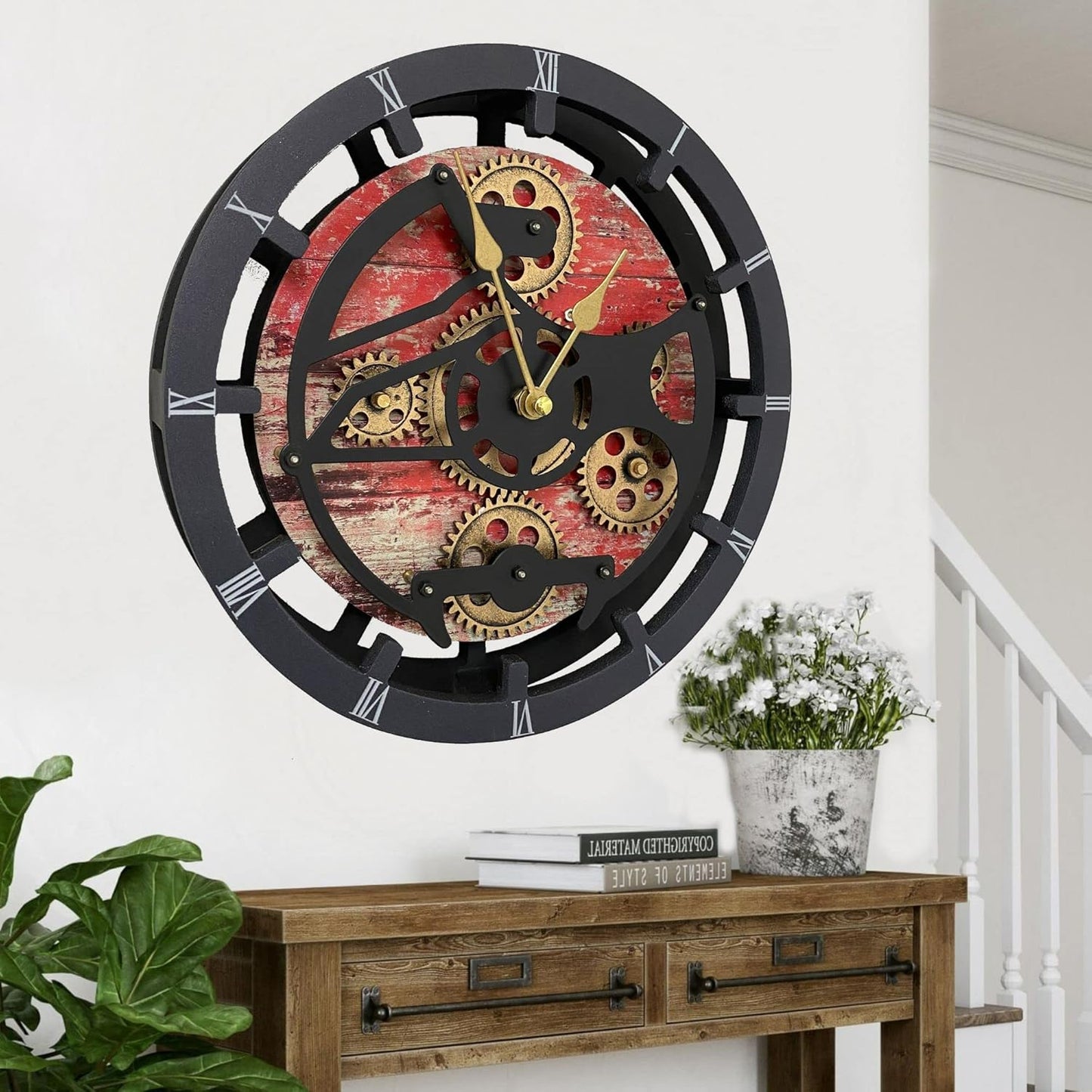 The Gears Clock 16 inches Wall Clock with Real Moving Gears Convertible into a Big Mantel Clock (Red Lava)