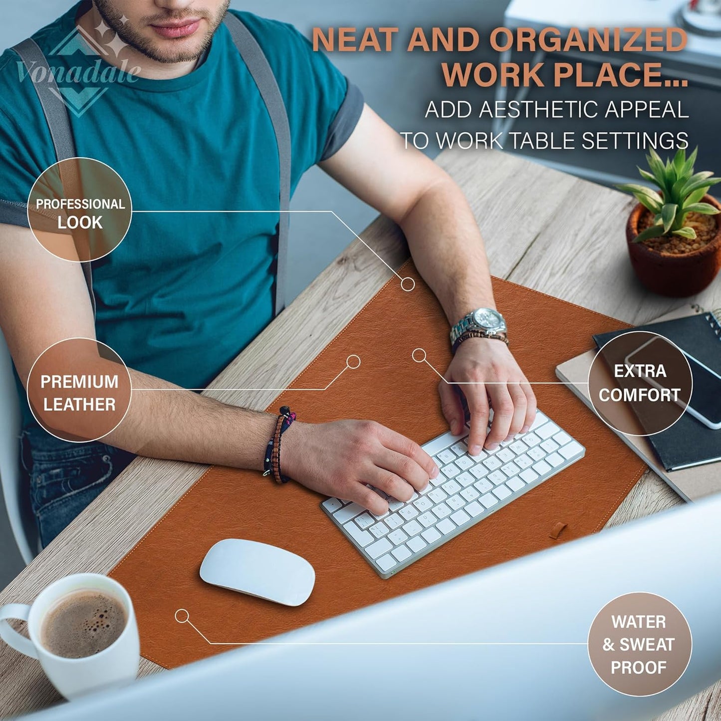 Leather Desk Mat Protector, Office Desk Pad Cable Organizer, Large Mouse Pad, Non-Slip PU Leather Desk Blotter, Laptop Desk Mat Pad, Waterproof Desk Matt Desktop (Brown 13.8" x 23.6")