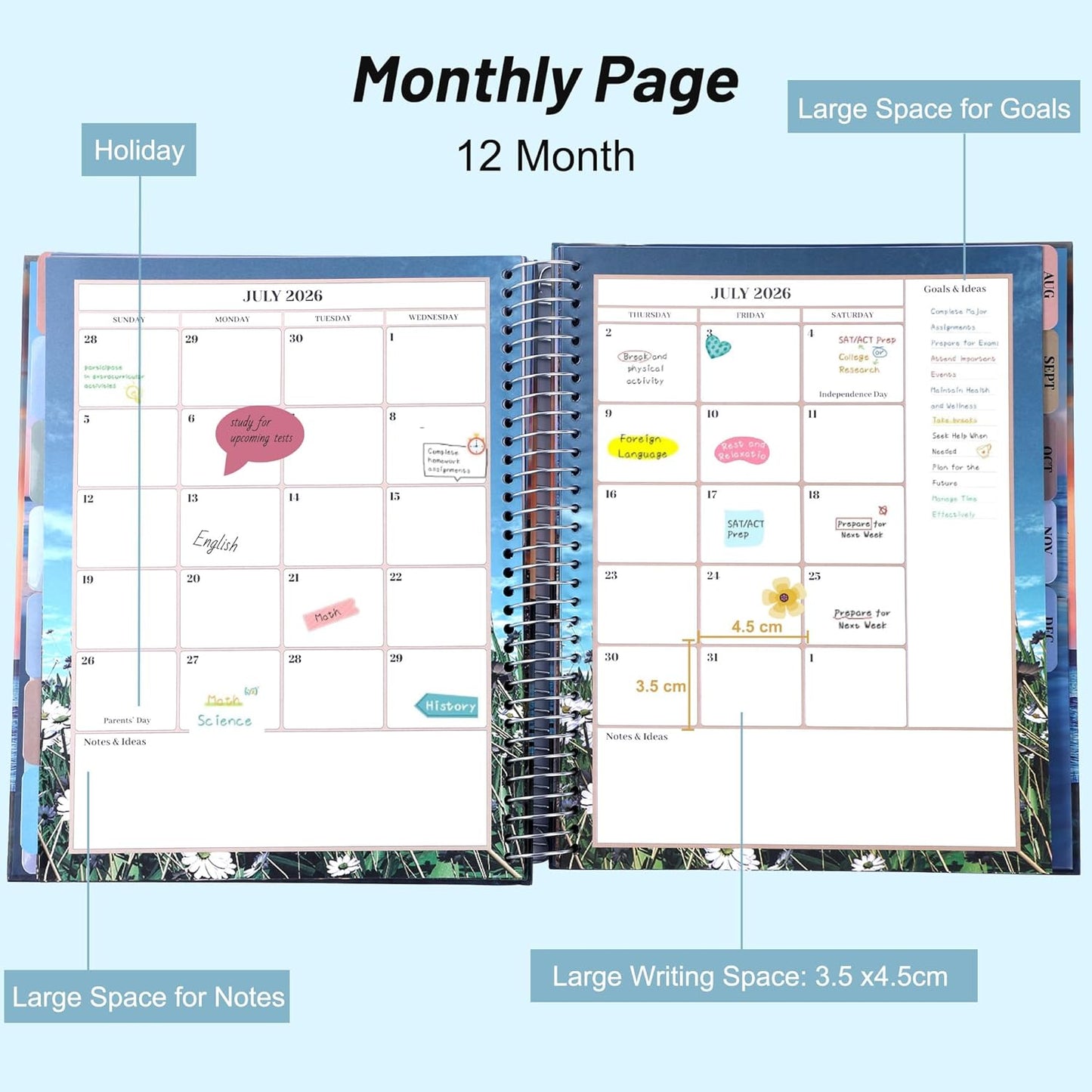 CAGIE Planner 2026 Monthly (Jan. 26-Dec. 26), 12 Month Academic Planner 8.5"x11", Large Daily Planner with Hourly Timeslot, Monthly Tab, Spiral Binding, Bookmark