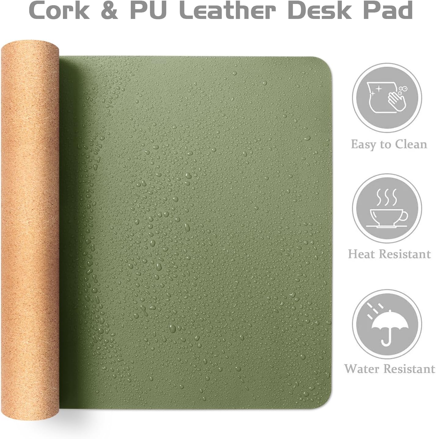 Aothia Dual-Sided Desk Mat - Natural Cork & Leather Desk Protector, Large Mouse Pad & Writing Pad for Office/Home, Olive Green (25.6"x13.7")