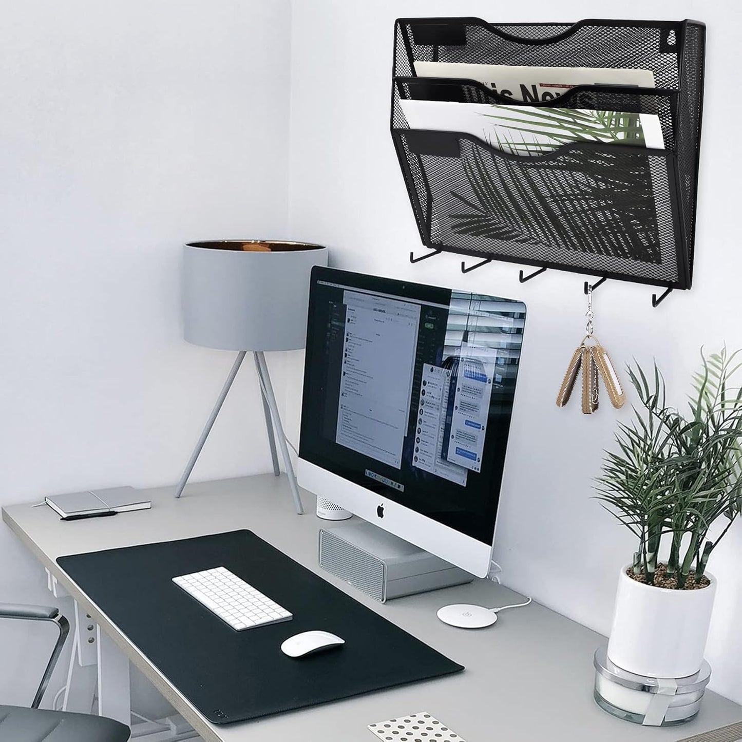EASEPRES 3 Pocket Mesh Hanging File Organizer with Key Holder Hooks & Nametag Label, Wall Mounted Mail Paper Document Folder Clipboard Storage Organization Magazine Rack for Office Cubicle, Black