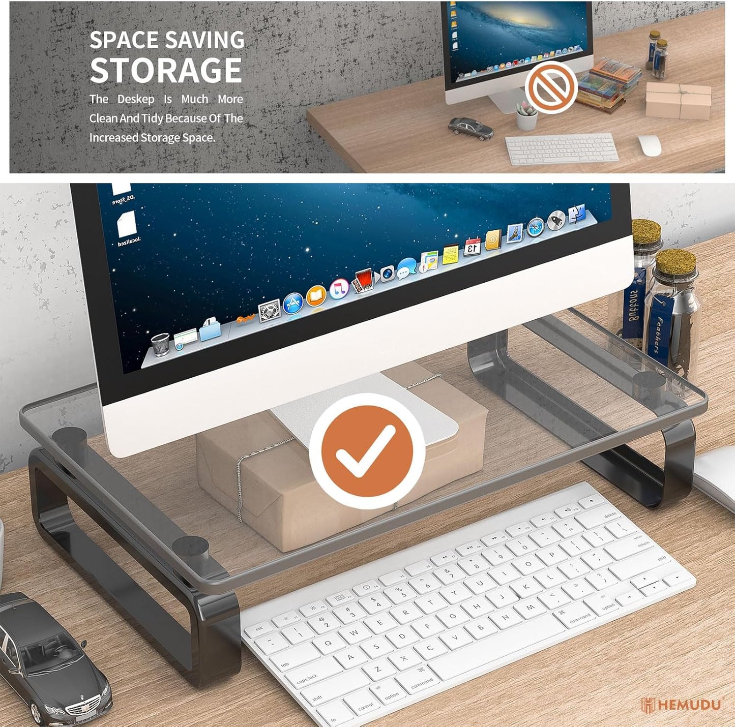 Hemudu Computer Monitor Stand Riser Multi Media Desktop Stand for Flat Screen LCD LED TV, Laptop/Notebook, with Tempered Glass and Metal Legs, Black HD02B-001U