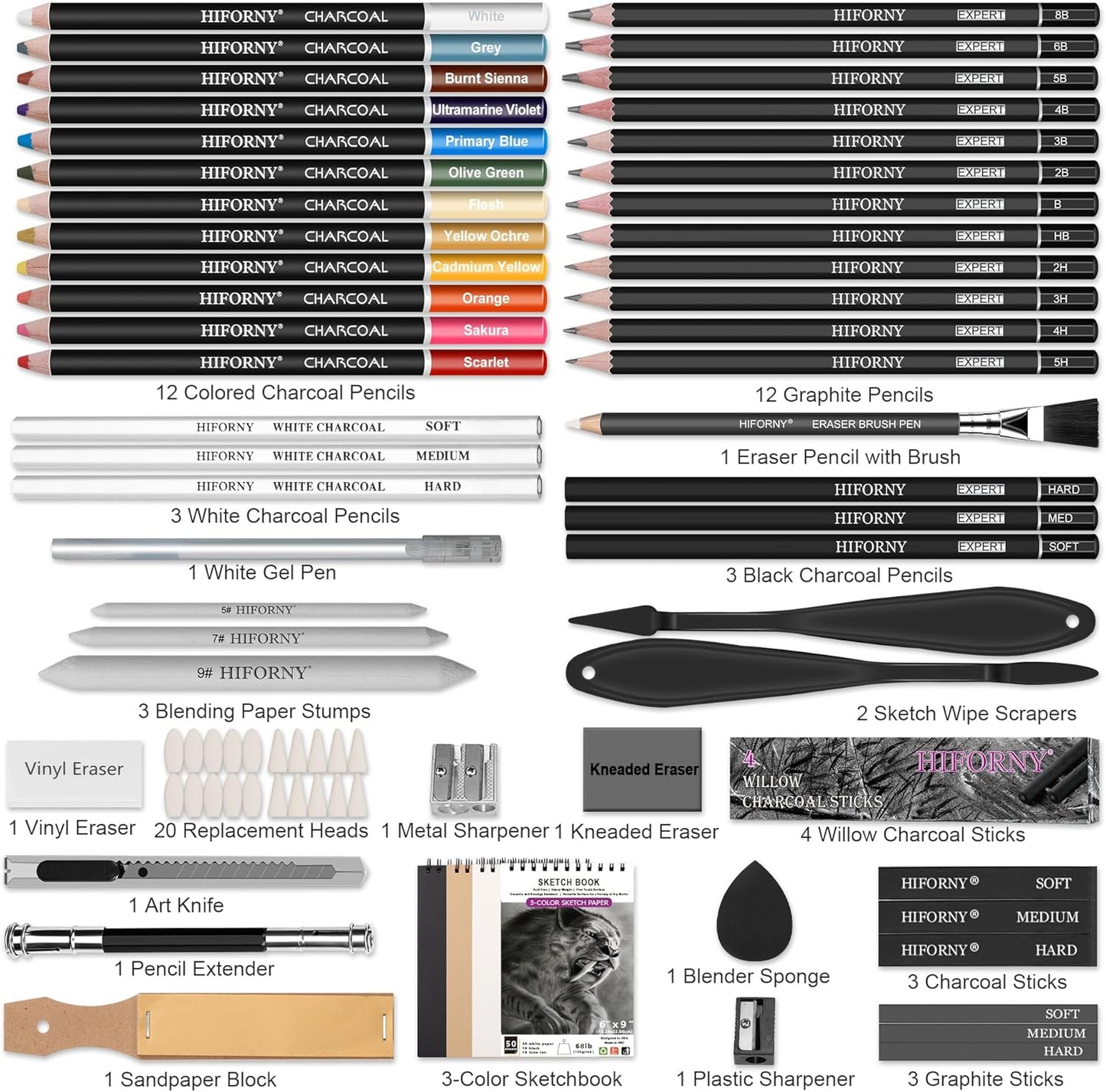 HIFORNY 76 PCS Drawing Set Sketching Kit,Sketch Pencils Art Supplies with Graphite,Charcoal,Blending Tools & Accessories,Portable Zippered Travel Case for Artists & Beginners