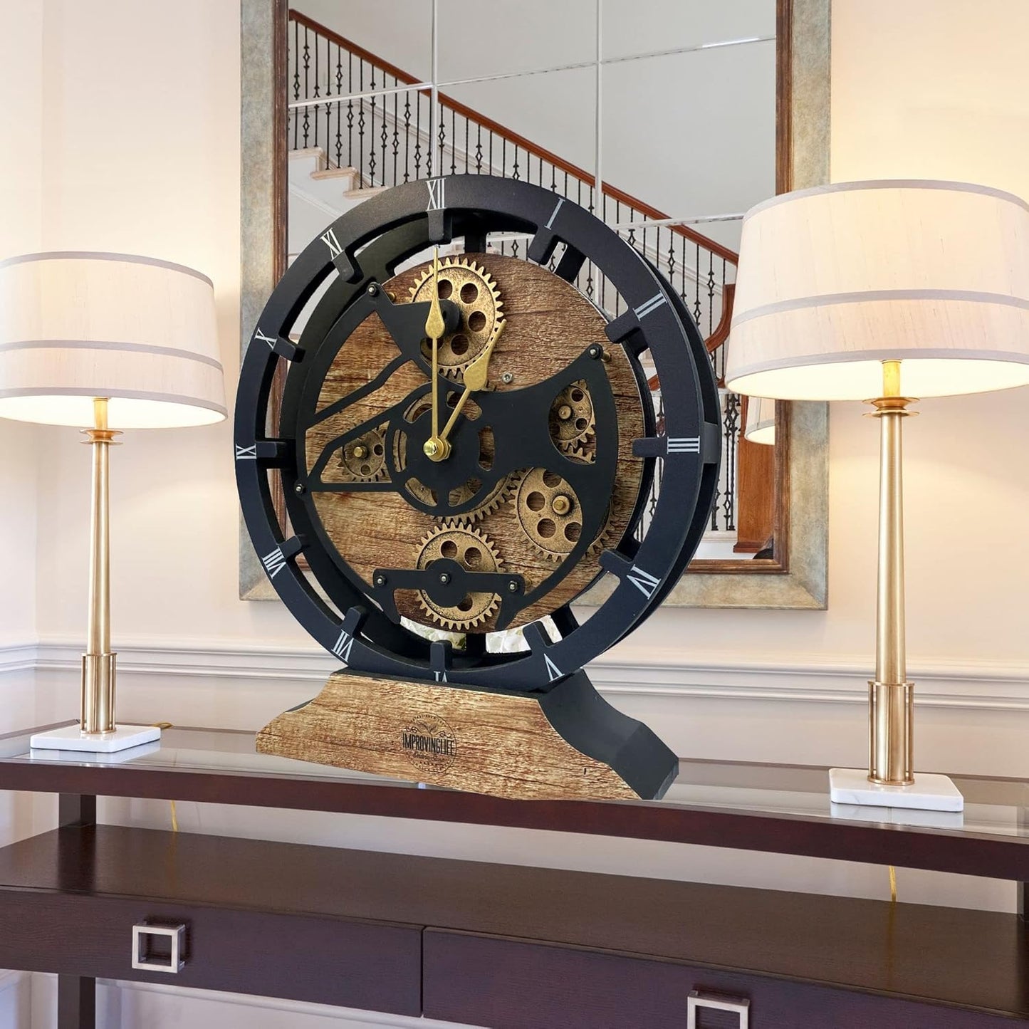 The Gears Clock 16 inches Wall Clock with Real Moving Gears Convertible into a Big Mantel Clock (Vintage Brown)