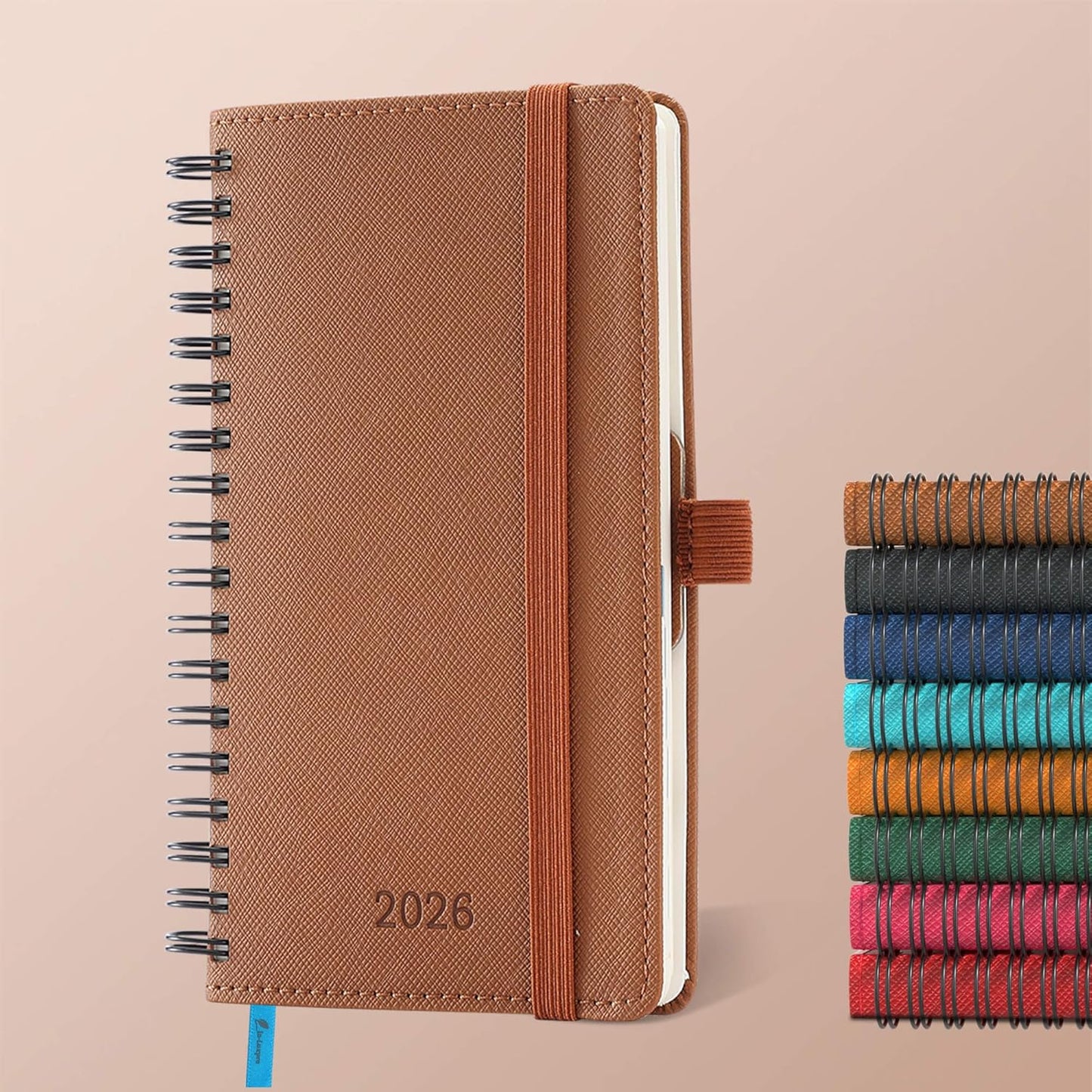 Planner 2026 Daily Weekly and Monthly,6.5"x3.75",12 Months Spiral Bound Calendar Agenda with Self-adhesive Pen Holder,2026 Appointment Book with Vegan Leather Soft Cover,Brown