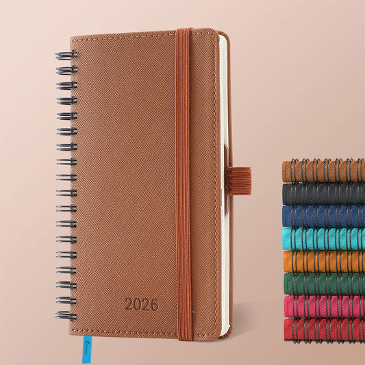 Planner 2026 Daily Weekly and Monthly,6.5"x3.75",12 Months Spiral Bound Calendar Agenda with Self-adhesive Pen Holder,2026 Appointment Book with Vegan Leather Soft Cover,Brown
