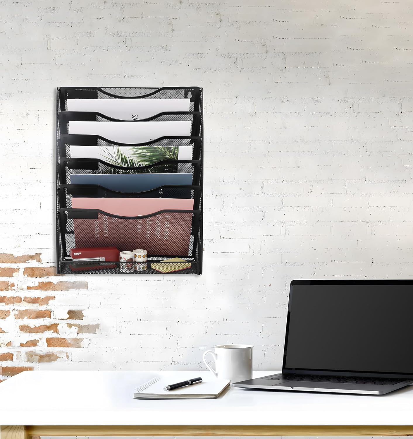 EasyPAG 7 Tier Wall File Holder with Flat Tray, Black | Easy Assemble Mesh Desk File Organizer | 6-Folder Paper Storage | Replaceable Classify Labels | Space Saving Mail Organizer for Office Home