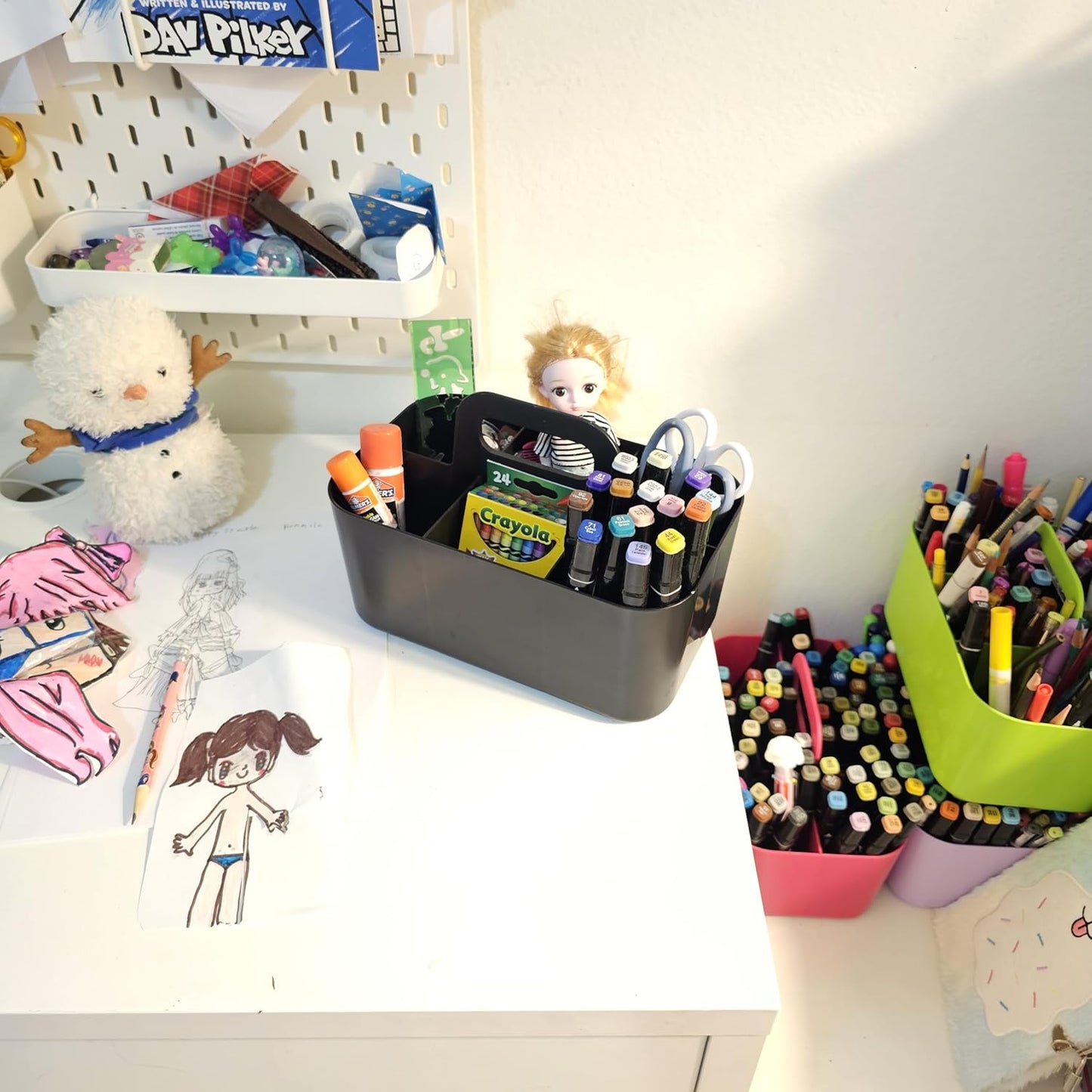 Small Stackable Plastic Caddy with Handle 6 Compartment | Desk, Makeup, Dorm Caddy, Classroom Art Organizers - 4 Pack, Made In USA (Black)