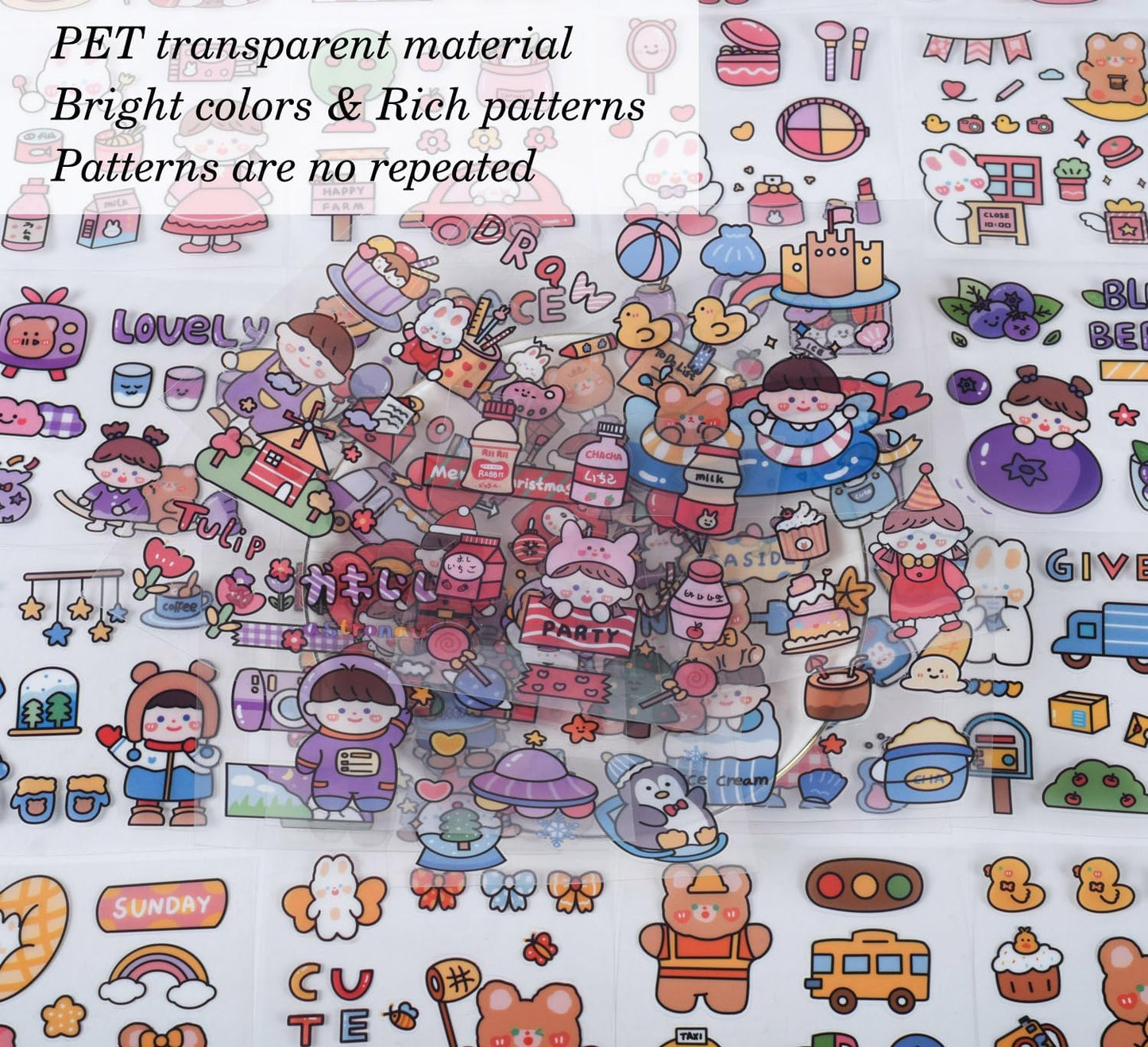 Cute Cartoon Kawaii Scrapbook Stickers - 100 Sheets Transparent Sticker for Junk Journal Planner Album Calendars Notebook DIY Craft Decor