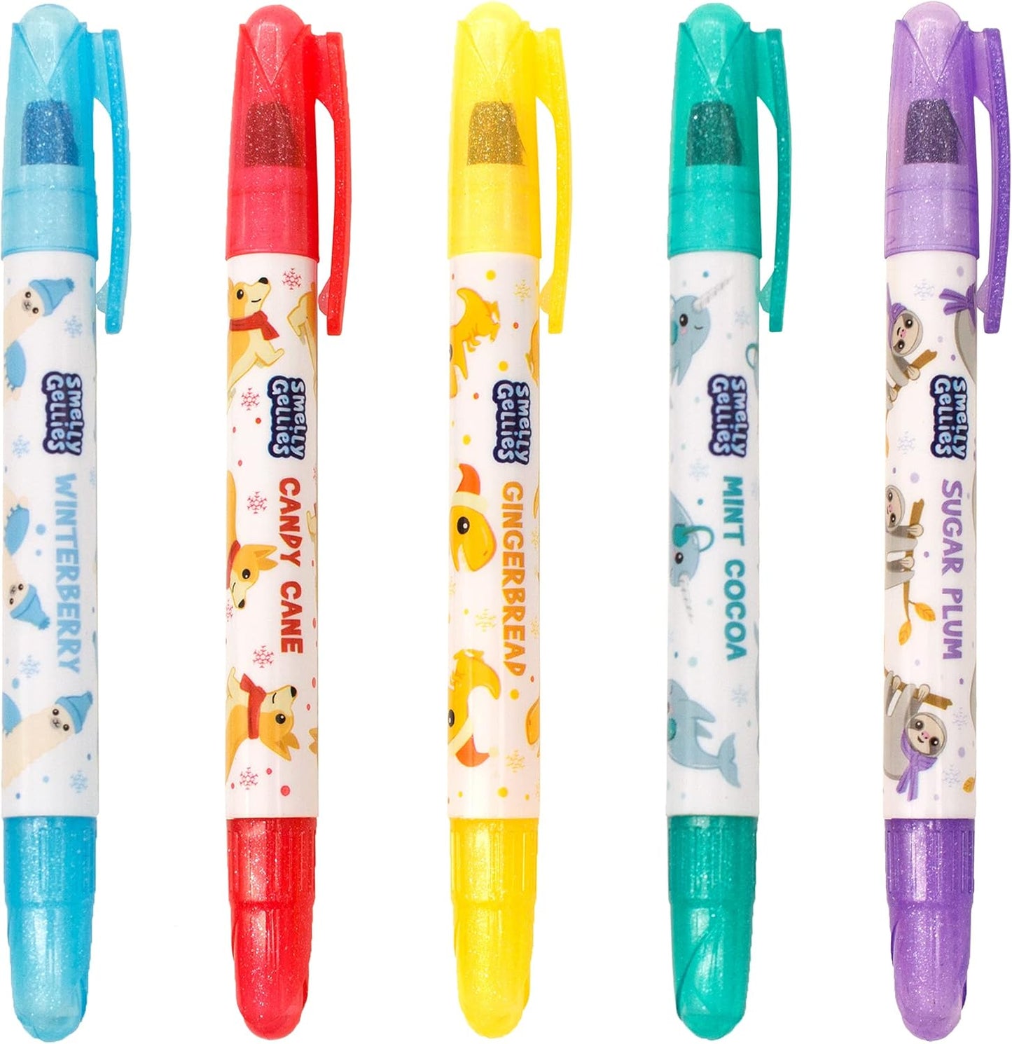 Holiday Smelly Gellies - Patented Gourmet Scented Glidewrite Glitter Gel Coloring Sticks, Crayons, Highlighters - 5 Count - Gifts for Kids, Stocking Stuffer