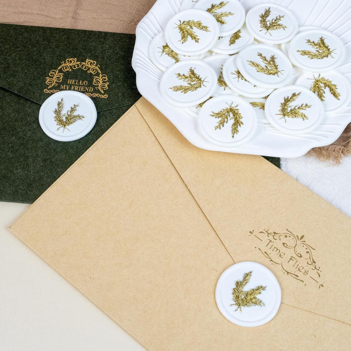 50Pcs Gold & White Wax Seal Stickers - Handmade Self-Adhesive Envelope Seals for Wedding Party Invitations, Gift Wrap, Christmas (Gold Rosemary Style)