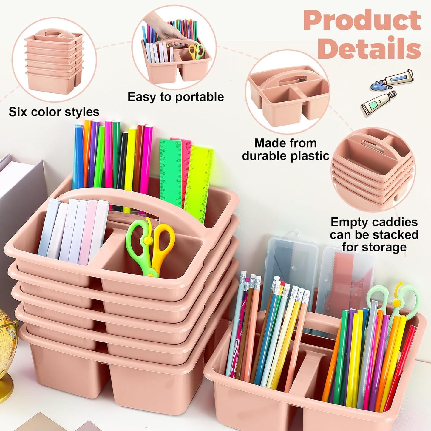 12 Pcs Classroom Caddy with 3 Compartment - Multipurpose Portable Plastic Storage Table Caddies with Handles for School Home Office Organizer(Flesh Pink)