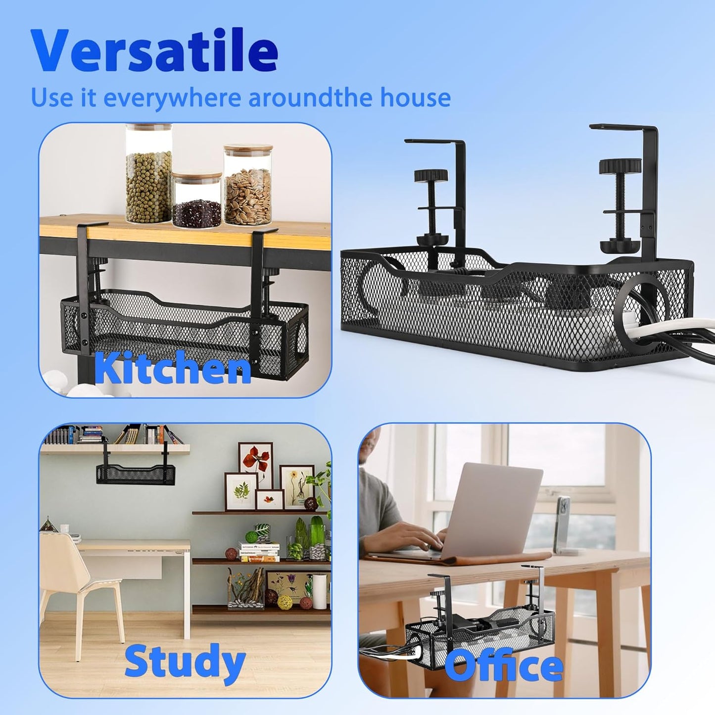 No Drill Under Desk Cable Management Tray – Clamp-On Metal Cable Organizer for Power Cords – Easy Install Wire Holder for Home Office Desk (Black)
