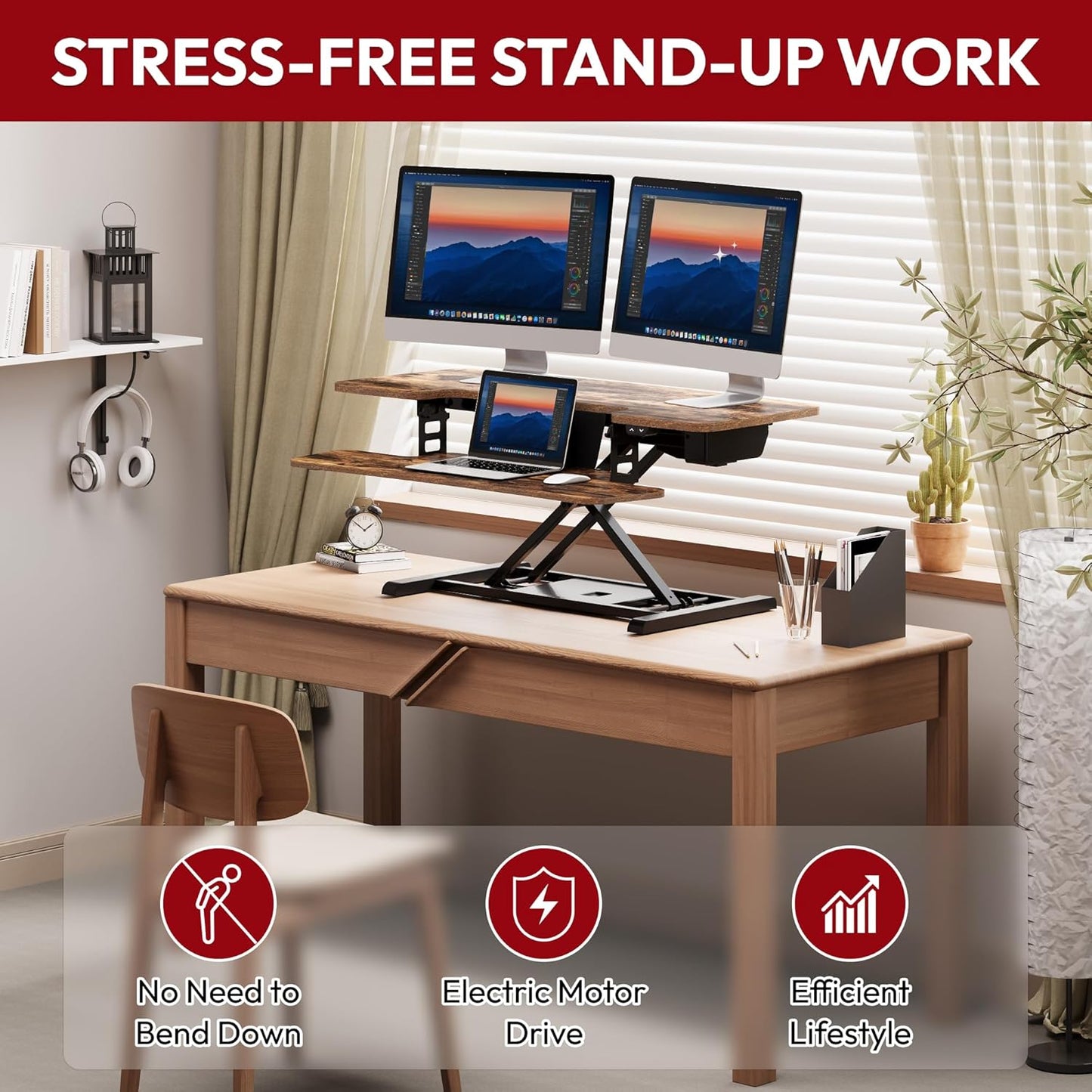 SANODESK Standing Desk Converter with Electric Motor 40" Height Adjustable Riser for Office Home,Dual Monitor and Laptop Workstation with Large Keyboard Tray,Rustic Color