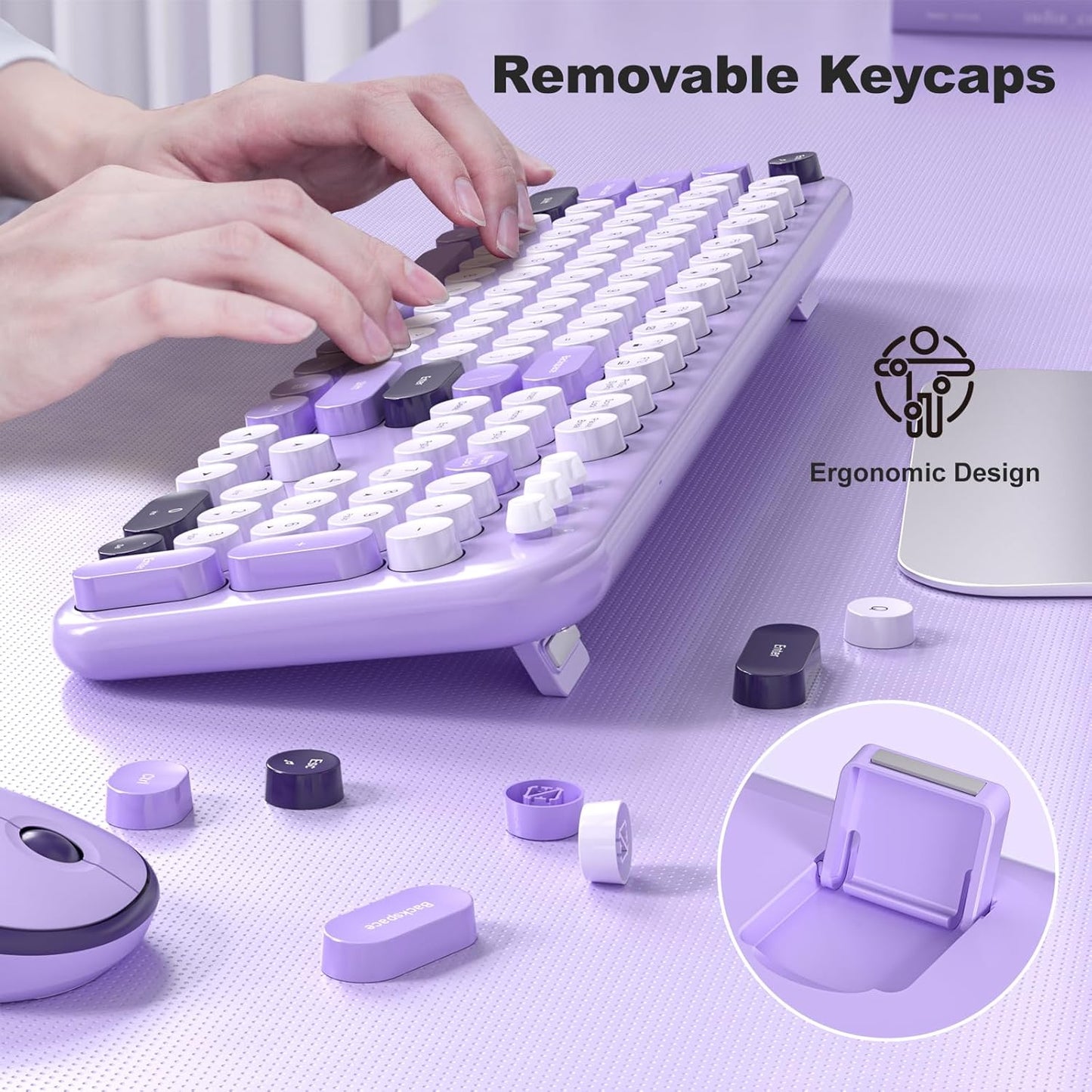 MOFII Wireless Keyboard and Mouse Combo, Cute Keyboard Full Size and Wireless Mouse, 2.4GHz Retro Typewriter Keyboard Wireless Mouse Set for PC/Desktop/Laptop/Windows (Violet)