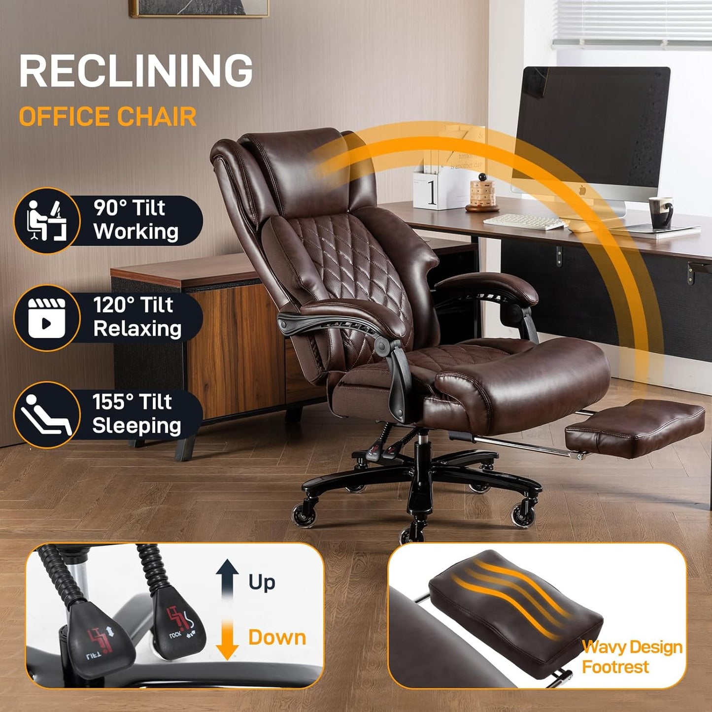 500 LBS Big and Tall Office Chair with Foot Rest High Back Recline Ergonomic Chair for Heavy People, Executive Office Chair Comfortable for Home Office, Large Computer Desk Chair Brown