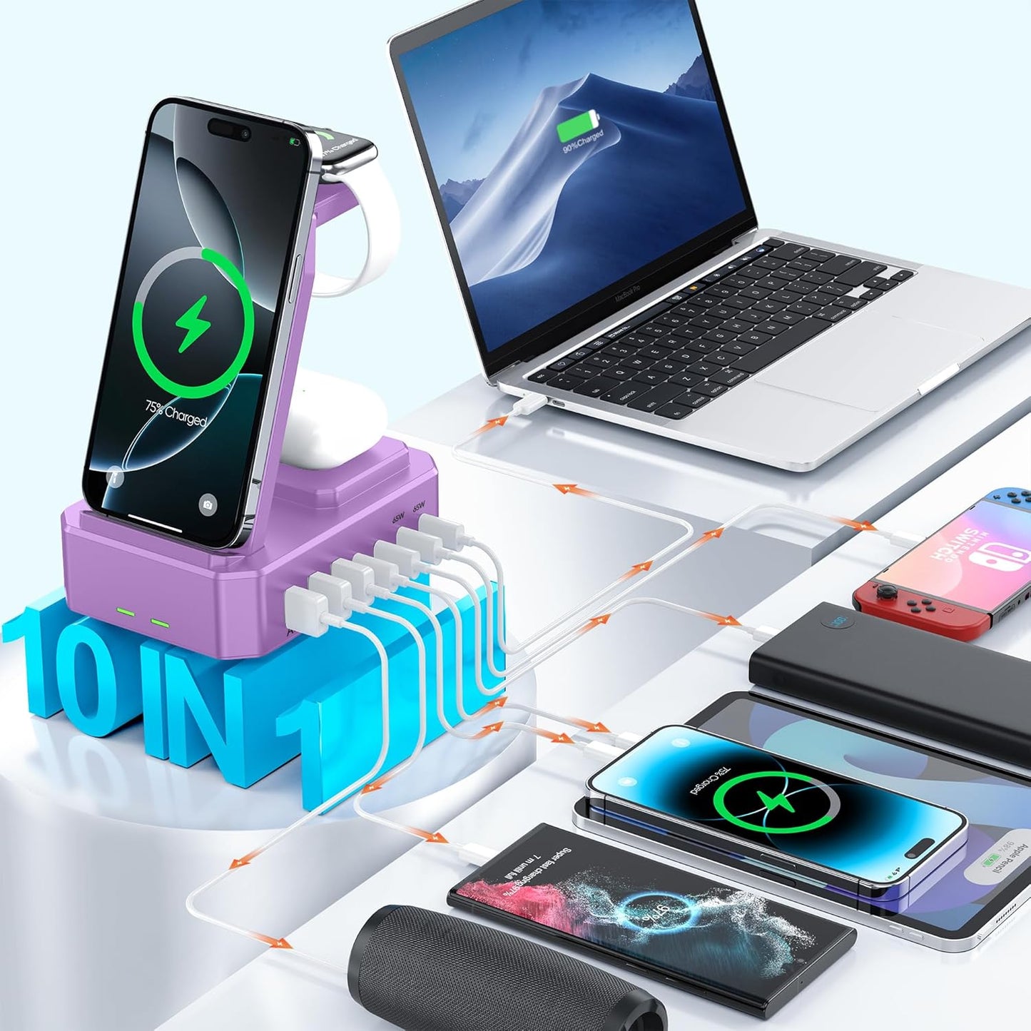 300W Charging Station for Multiple Devices Apple, Zutspzss 10 in 1 Wireless Charger for iPhone 16, GaN III USB C 65W PD Fast Charging Stand Dock for MacBook, Apple Watch&Airpods,Purple
