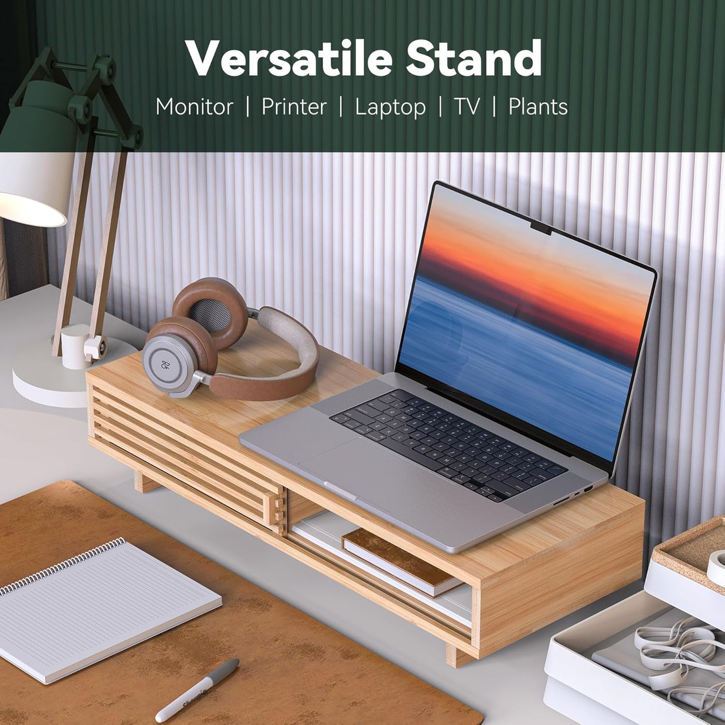 Monitor Stand Riser with Sliding Door, Computer Laptop Stand Desk Shelf Organizer with Storage (Natural Bamboo, 25 Inch)