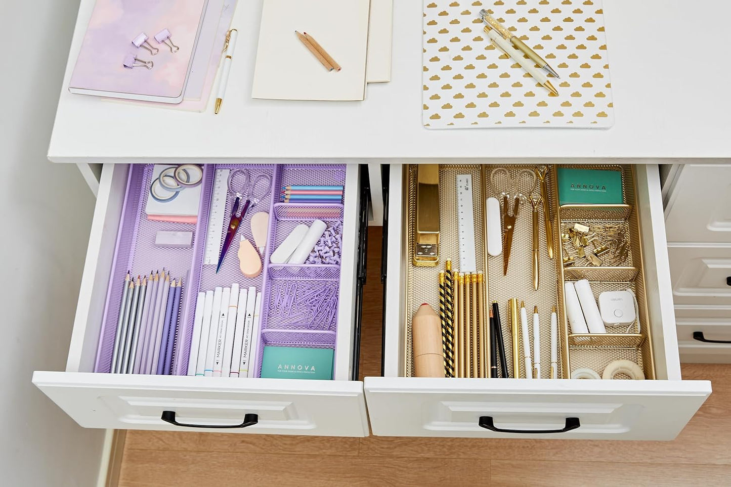 Annova Desk Top Organizer/Storage Tray - Metal Mesh with Dividers for Pens, Desktop Accessories, Bathroom, Kitchen, Makeup and Office Supplies (Large, Light Purple)