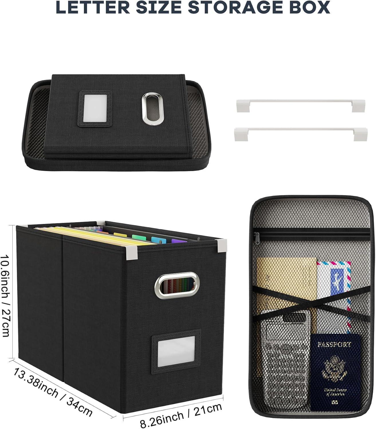 Oterri File Organizer Box with Lid, Hanging Filing File Box with Mesh Pocket, Document Organizer Box for Letter Files, Portable Storage Box with Smooth Sliding Rail for Office&Home (1 PCS, Black)