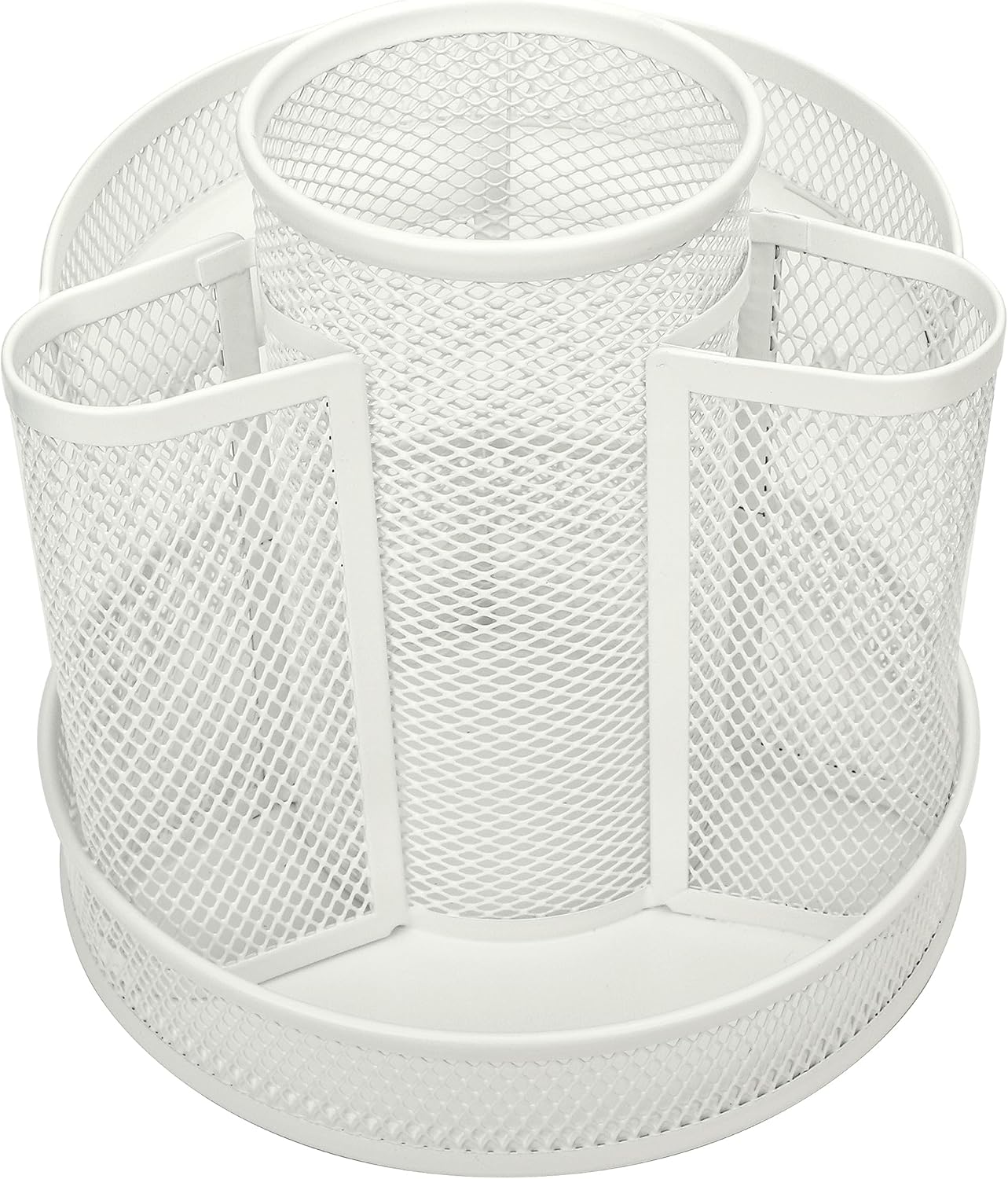 Annova Mesh Desk Organizer Rotate with 6 Compartments Round Spinning Tidy Candy/Pen Holder Desk Accessories Office, Art Supply, Storage, Classroom, Home (White)