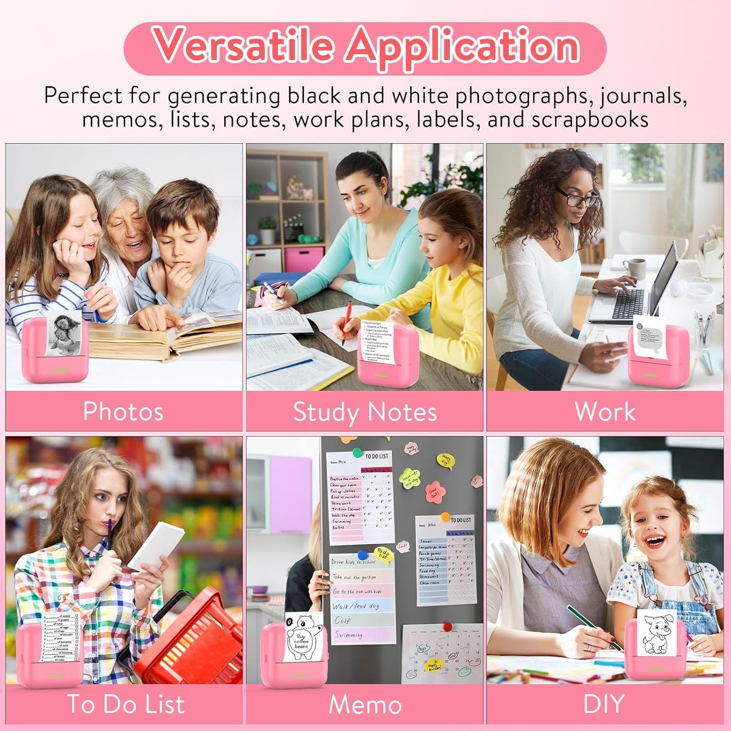 HuiJuKeJi Mini Sticker Printer Bluetooth Smart Pocket Inkless Thermal Printer with 11 Rolls Thermal Paper and Sticker for iOS&Android, Portable Receipt Printer for Photo Note Memo (Rose)