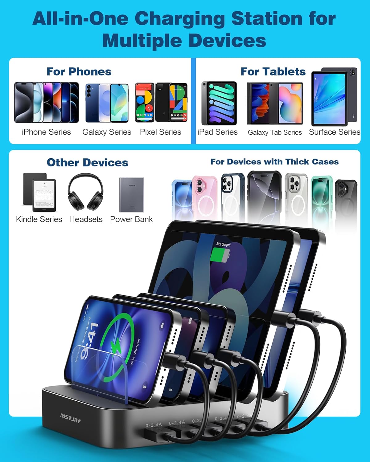 MSTJRY Charging Station for Multiple Devices : 5 Port Multi USB-A Charger Stations Multi-Device Organizer Charging Dock Designed for iPhone iPad Cell Phone Tablets (7 Short Cables Included), Gunmetal