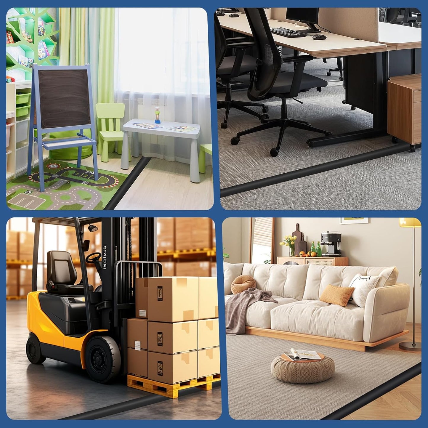 Floor Cord Cover for Wires on Floor Self Adhesive Cord Hider Floor Cable Management Wire Covers for Cords Protector Prevent Cable Trips Cord Cavity W 0.51" x H 0.31", Black, 3.3Ft