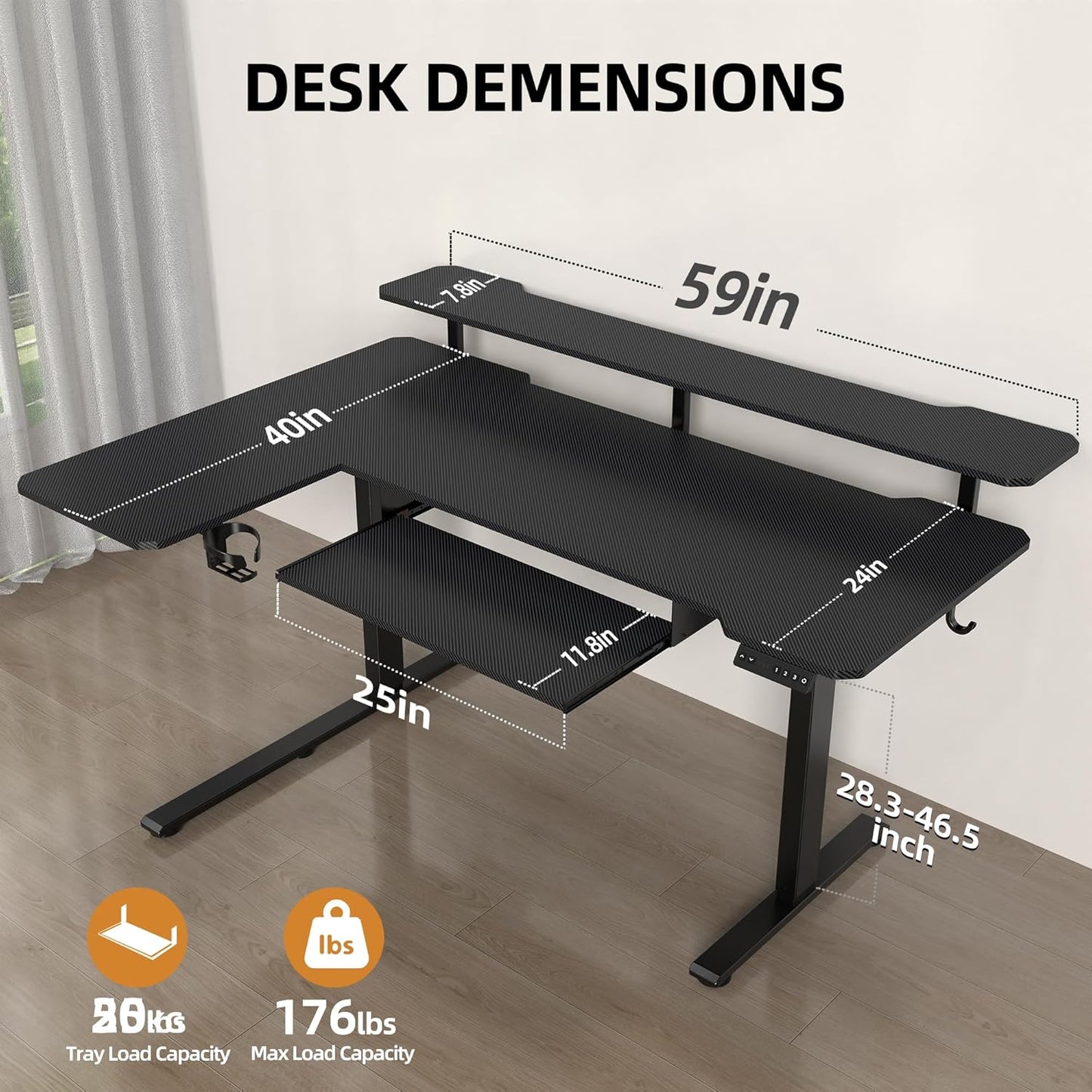 59 Inch L Shaped Standing Desk with Shelves and Keyboard, Electric Corner Standing Desk Adjustable Height, Sit Stand Computer Table with Reversiable Splice Board,Black Carbon Top