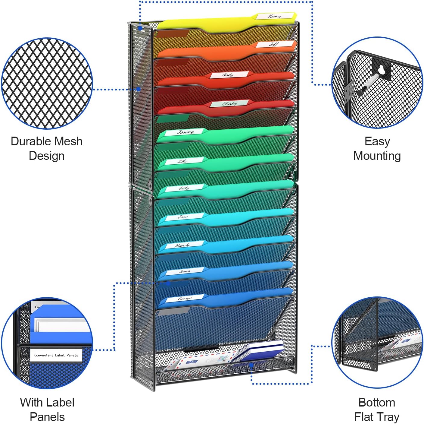 samstar 12 Tier Wall File Organizer, Hanging Wall Mount File Holder Paper Folder Mail Organizer, Mesh Metal, Black.