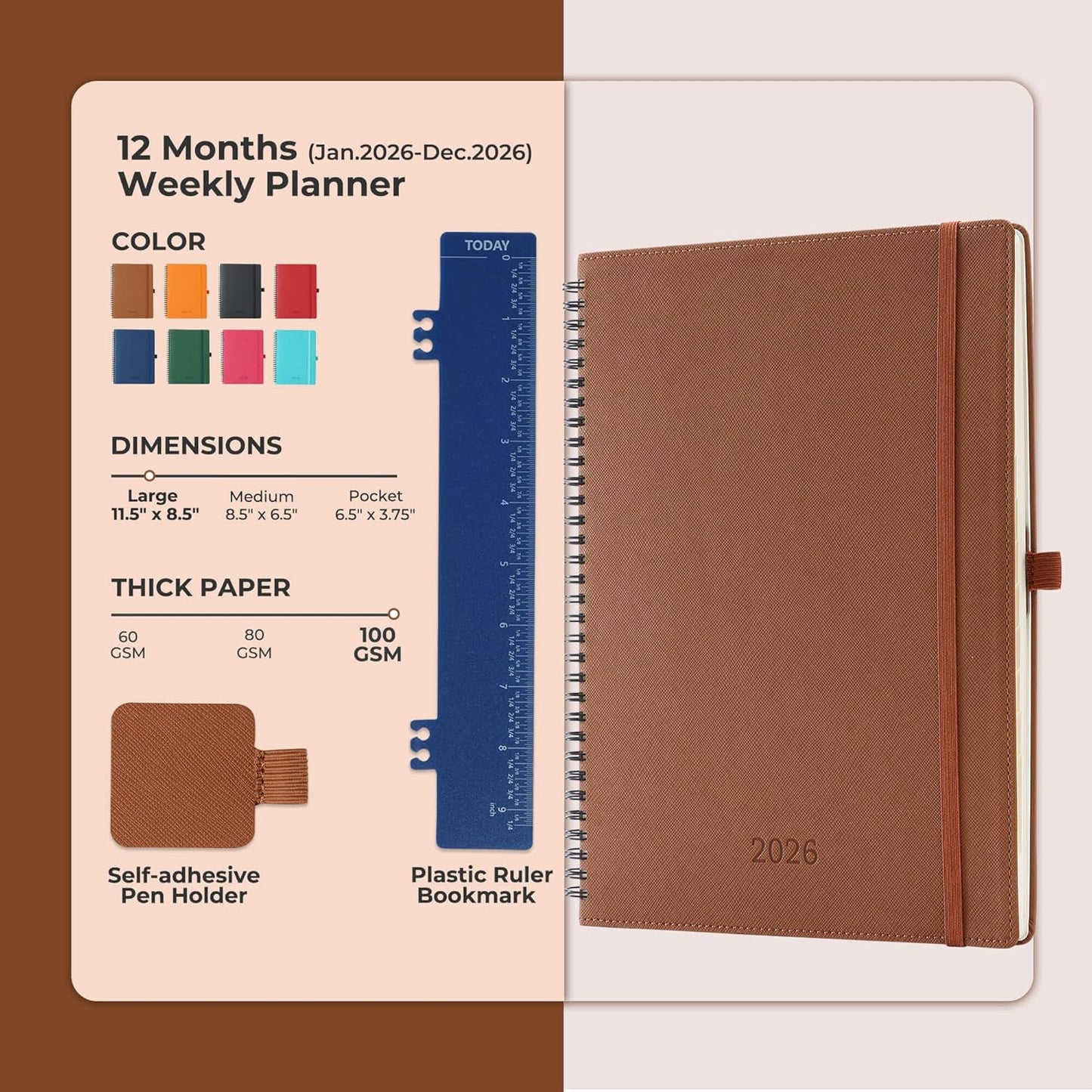 Planner 2026 Daily Weekly and Monthly,11.5"x8.5",12 Months Spiral Bound Calendar Agenda with Self-adhesive Pen Holder,2026 Appointment Book with Vegan Leather Soft Cover,Brown
