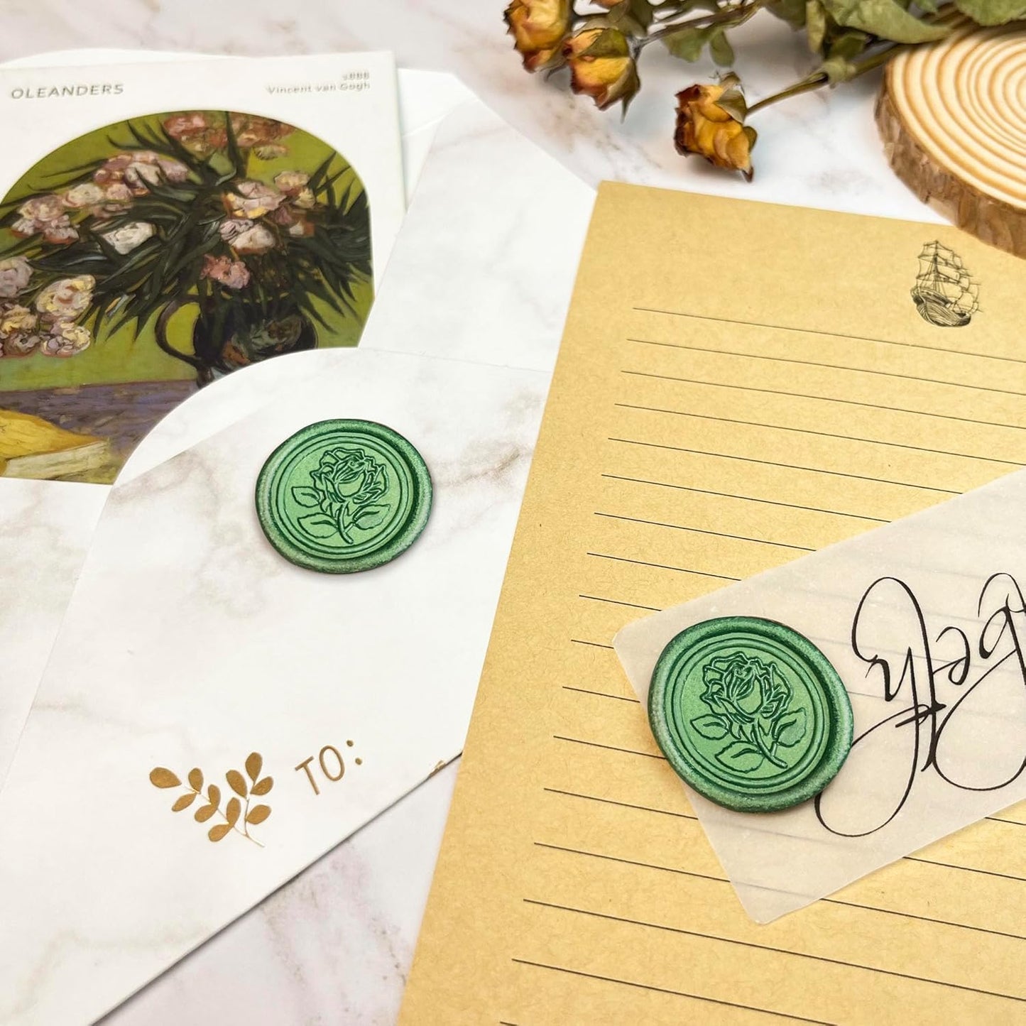 50Pcs Wax Seal Stickers Handmade Envelope Seals Self Adhesive Wax Stickers for Wedding Party Invitations, Envelope, Gift Wrap, Christmas(Rose Style, Green)
