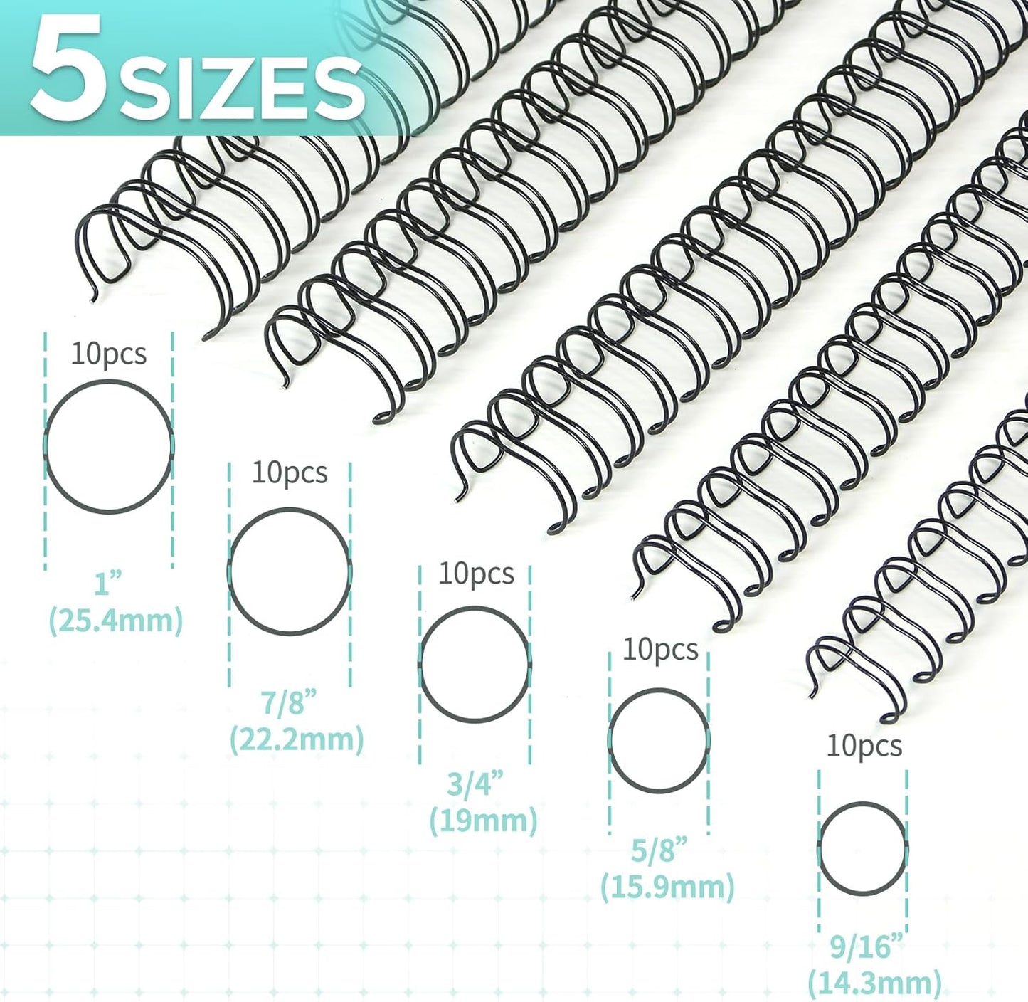 Rayson Double Loop Binding Wires, Mixed Sizes (9/16", 5/8", 3/4", 7/8", 1") 2:1 Pitch Wire Binding Spines, 21-Loop Black, Pack of 50