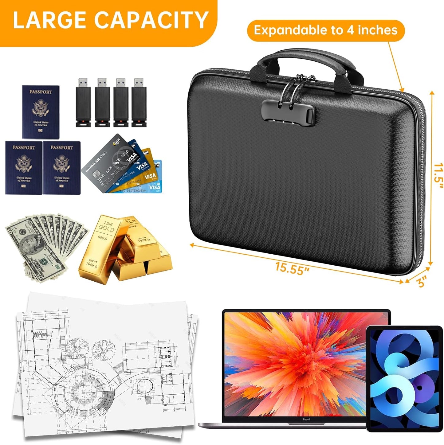 DocSafe Fireproof File Organizer with Lock, Hard-Shell Case Fireproof Document Box with 13 Pocket Accordion File Folder, Portable Home Office Travel Safe Storage for Important Documents Laptop Black