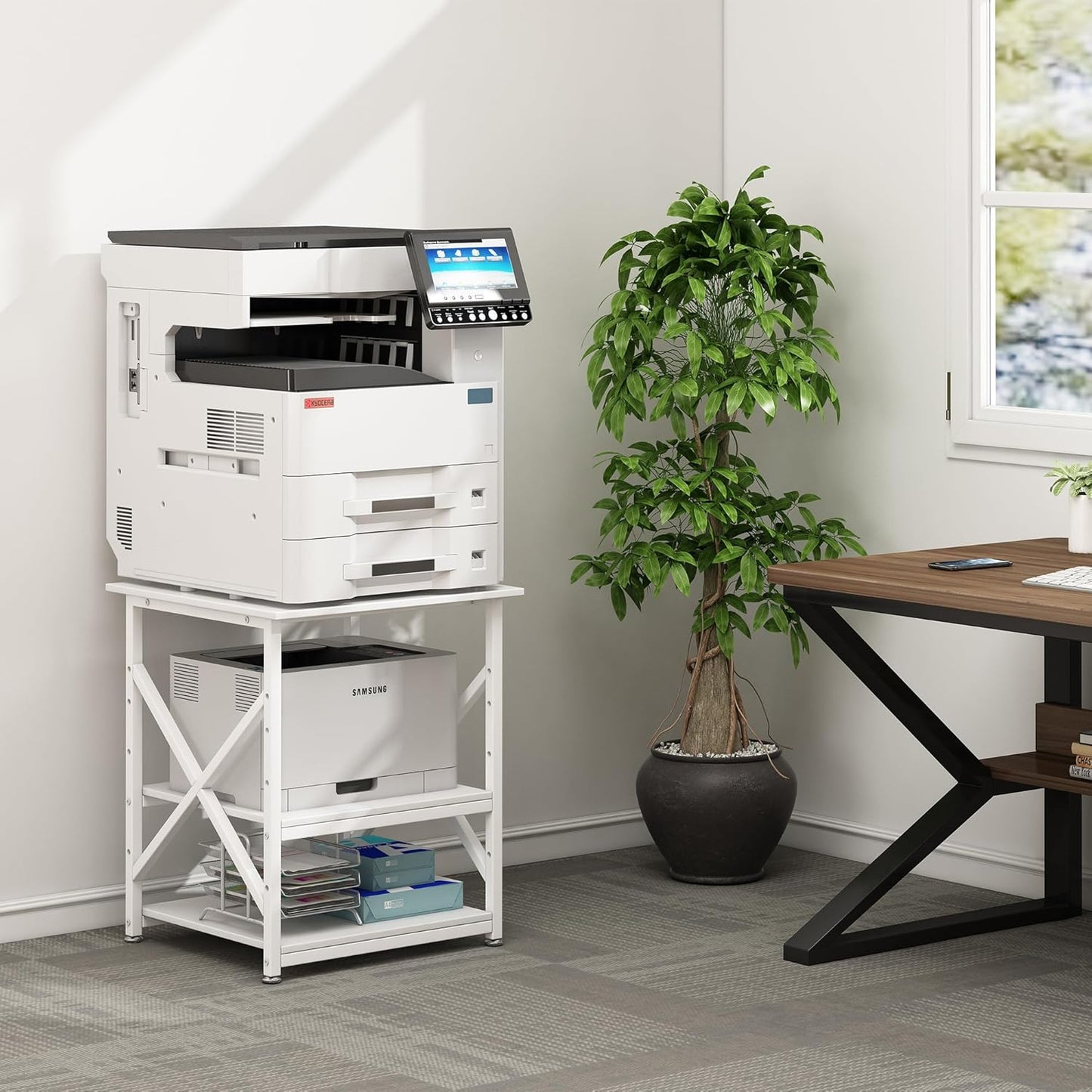 Large Printer Stand with Height Adjustable Storage Shelf, 23.6 x 23.6 Inches Square Printer Table with Industrial Wheels, Multi-use 3 Tier Rolling Printer Cart for Home Office - White
