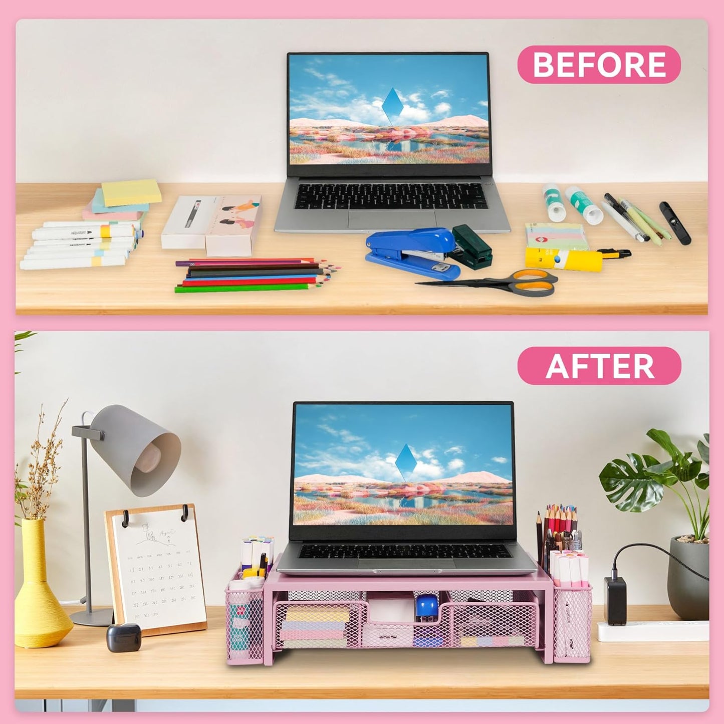 Computer Monitor Stand Riser with Drawer and Pen Holders, Desk Organizer Shelf and Accessories, Office Desk Accessories, Office Organization, Pink