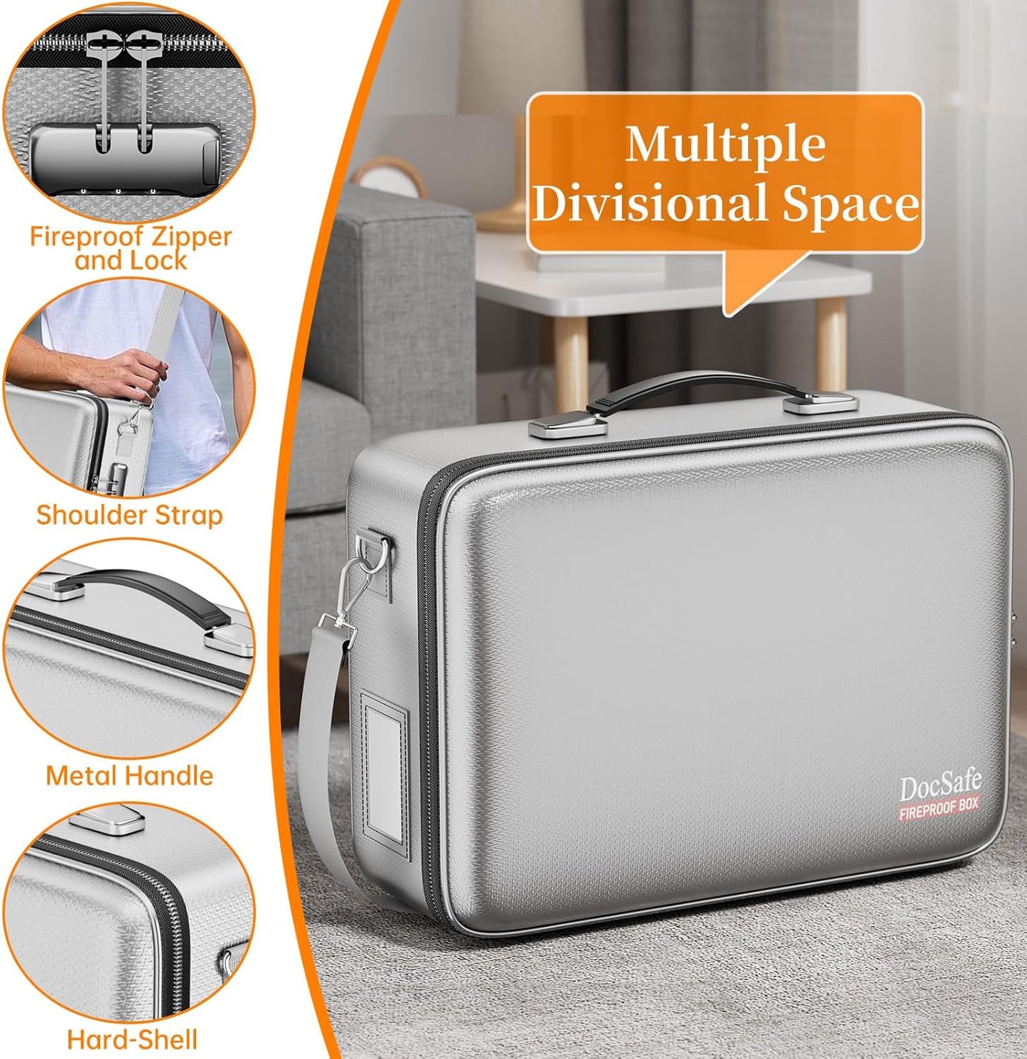 DocSafe Fireproof Document Box with Lock, Hard Case File Organizer with Accordion File Folder, Fireproof Water Resistant Safe Box Home Office Travel Storage for Important Documents Laptop Silver