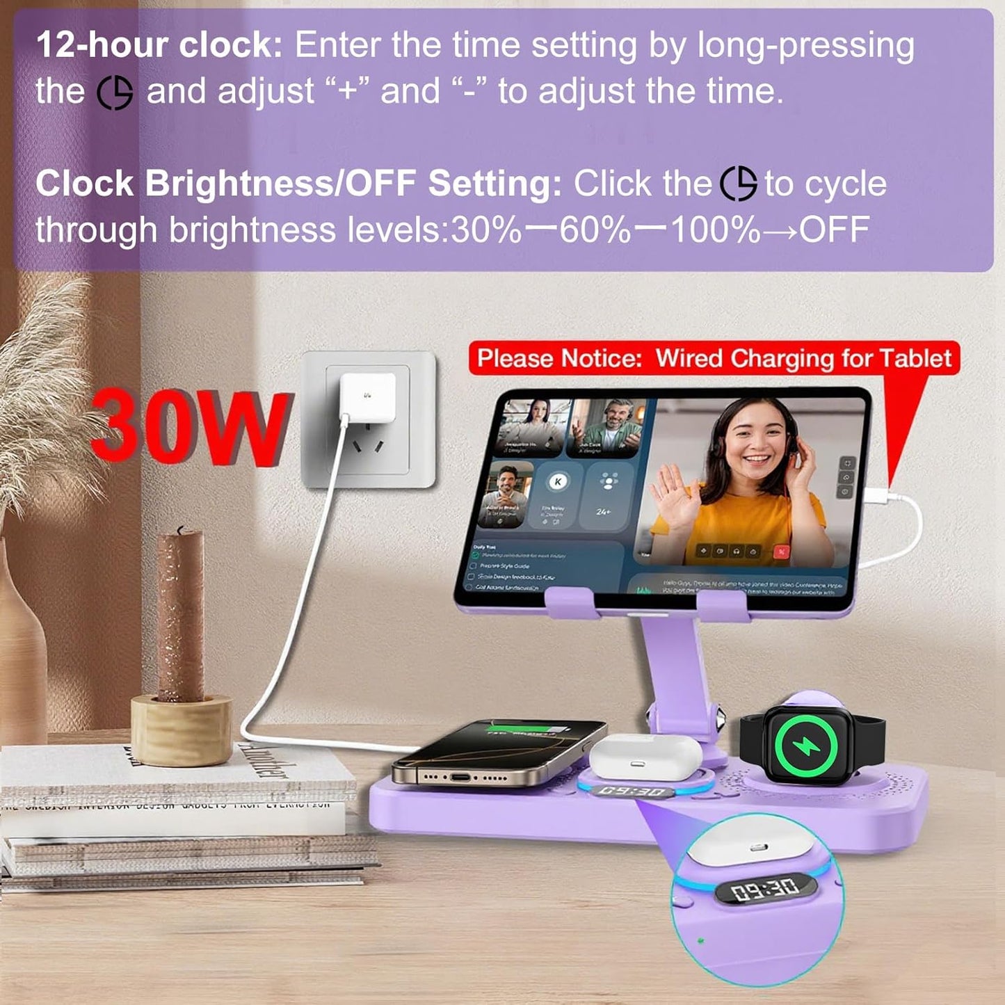 30W Charging Station for Apple Products, Foldable Wireless Charger with Clock Display&7 Color Light, Wired Charging for iPad/Tablet Charging Station for iPhone17, for Apple Watch10 for AirPods4(Purple