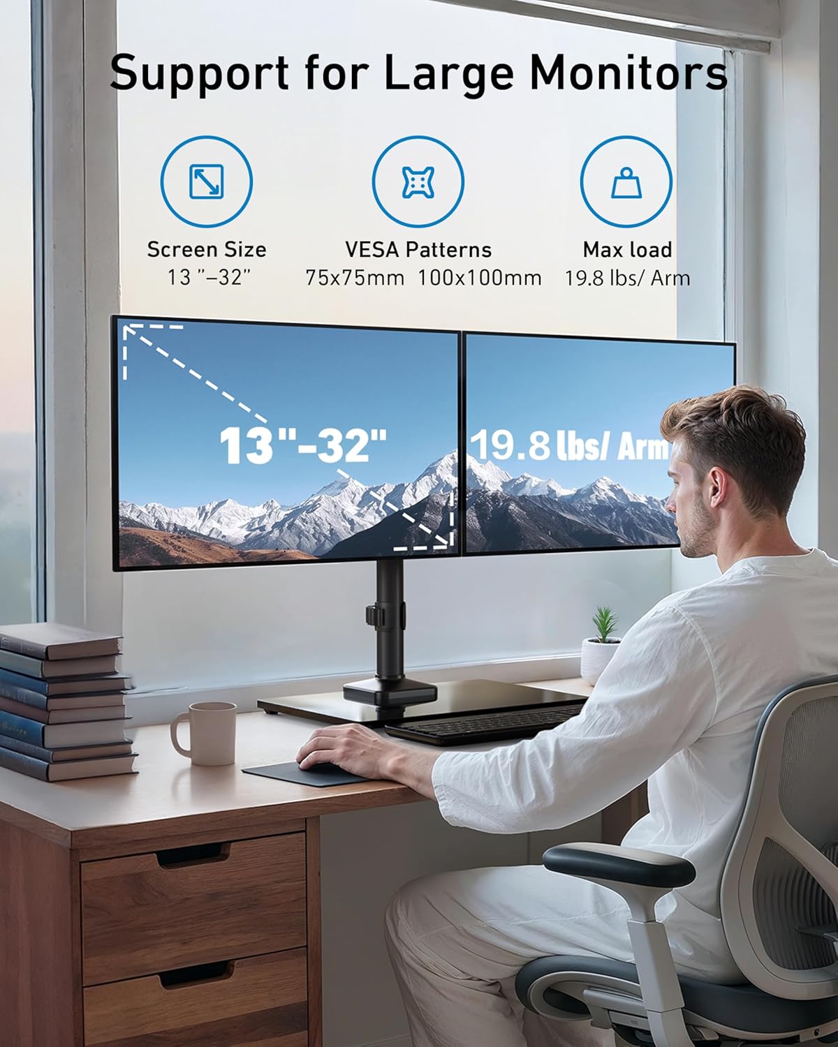 HUANUO Freestanding Dual Monitor Stand, 32 Inch Dual Monitor Mount for 2 Screens, Holds up to 19.8 lbs per Arm, Monitor Arm Riser with Tempered-Glass Base, Tilt, Swivel, Rotation, Black