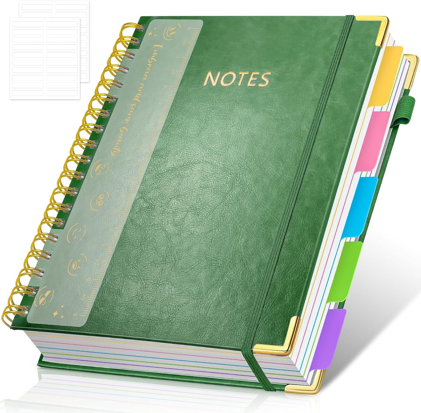 Hardcover Spiral Notebook Journal, 8"x10" Large B5 Notebooks with Removable Dividers Tabs, 300 Pages Leather 5 Subject Notebook College Ruled, Journal for Work School Note, 100 GSM Thick Paper,Green.