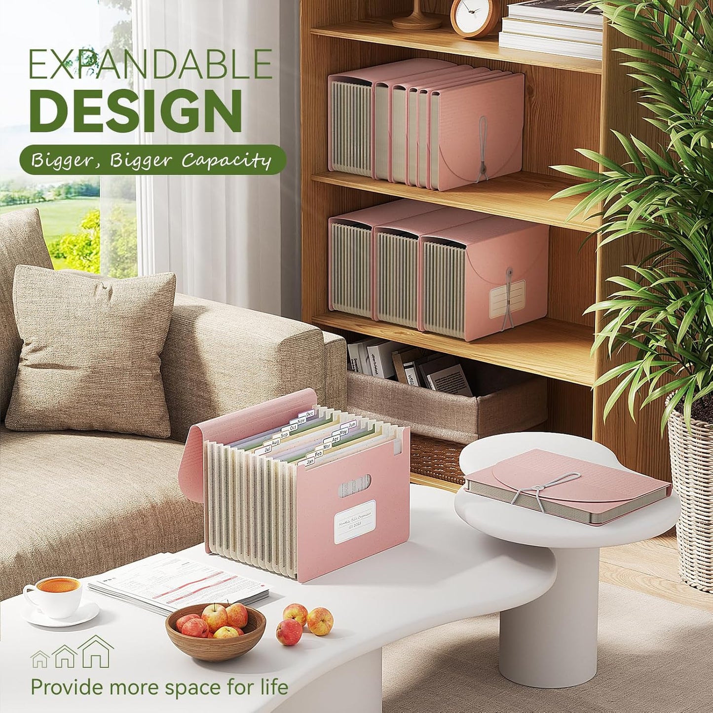 Accordion File Organizer, 13 Pockets Wheat Straw Expanding File Folder, Portable Monthly Paper Bill Tax Receipt Organizer, Letter A4 Size Document Holder with Colorful Tab - Strawberry Pink