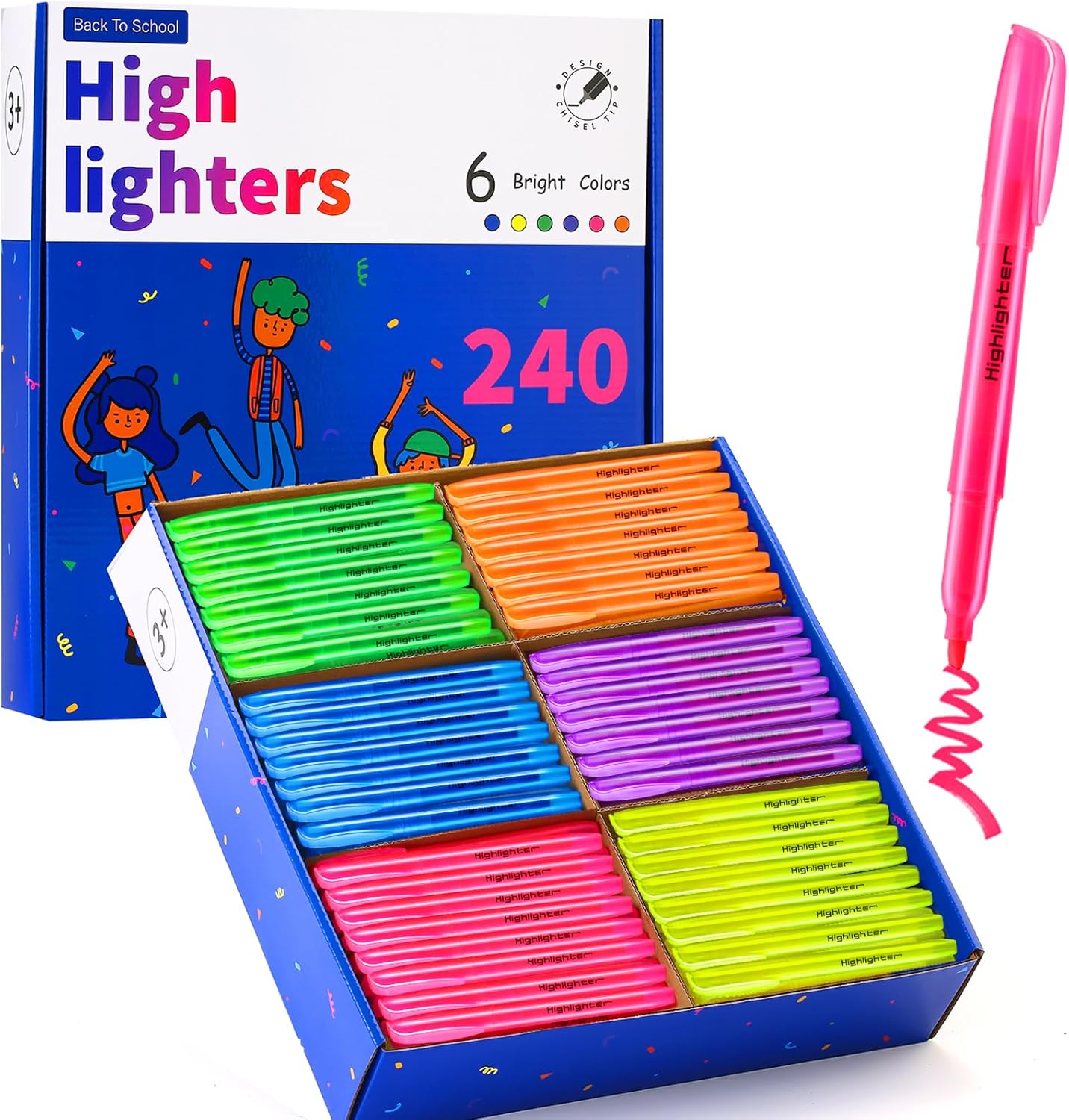 Highlighters Assorted Colors, 240 Pack Highlighters Bulk : No Bleed & Dry-Quickly, Highlighter Set : Chisel Tip & 6 Bright Colors, Highlighter Markers for school | college | office supplies